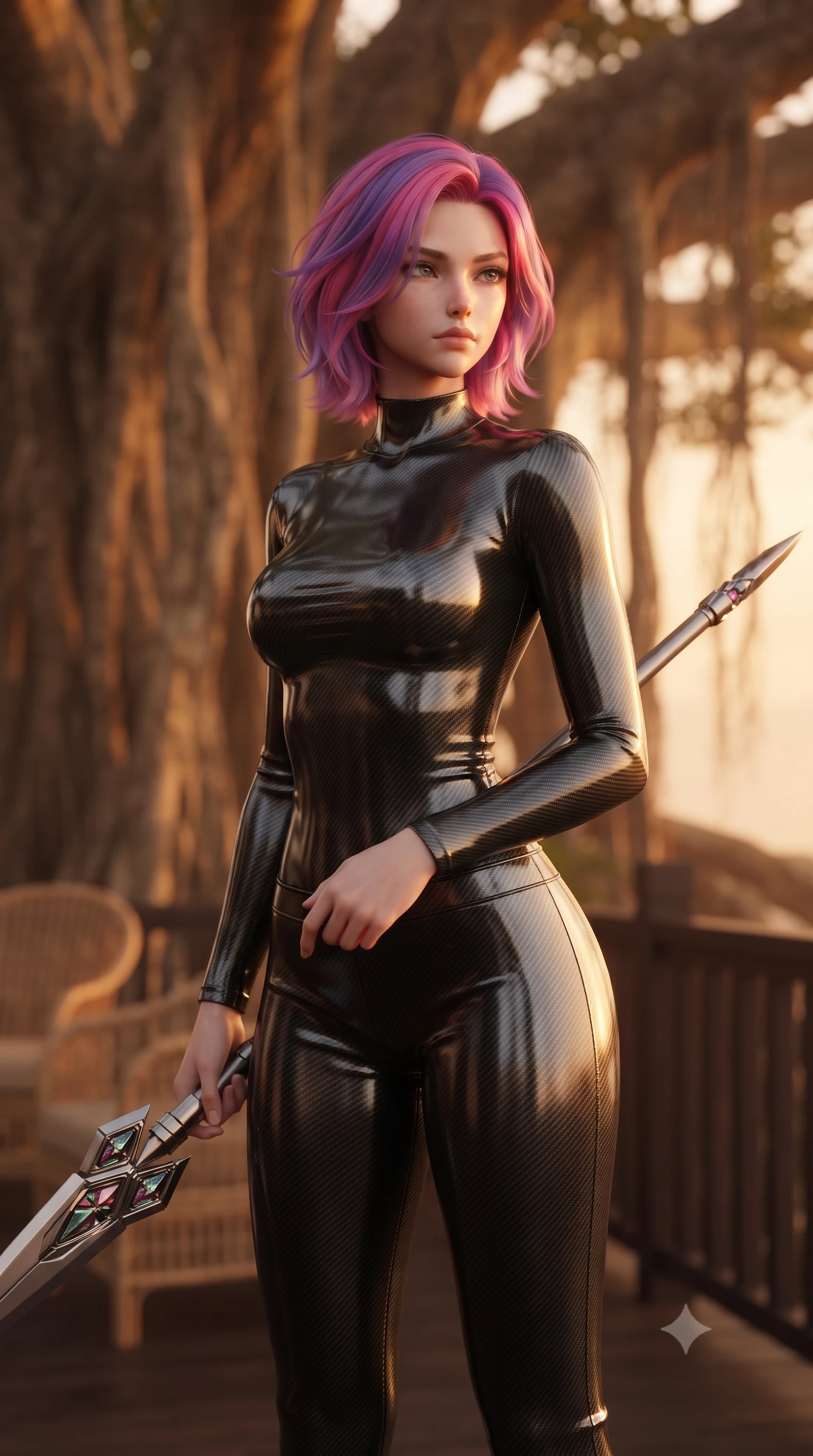 score_9, masterpiece, best quality, ultra-detailed, high-budget anime keyframe, editorial fashion photography, tasteful artistic composition, Caucasian woman. close-up cowboy shot from the waist and thighs up, the character dominates the composition, filling the frame with her large presence, background elements kept in soft focus. holding a deactivated nanotech glaive, looking past the camera with quiet, sharp focus and a composed expression, the background shows a soft-focus a banyan tree deck with rattan chairs and wooden railings in soft focus. She has an exceptionally elegant, slender, and willowy female figure with an ultra-slim waist, a gracefully sculpted slender torso, and a refined silhouette. sharp v-shaped jawline, high-bridge nose, intricate jewel-like eyes with depth, thick eyelashes, glossy lips with a natural sheen. wearing a form-contouring form-fitting carbon-weave long-sleeve top paired with tight-fitting black carbon-fiber pants. warm sunset light casting a peaceful, cozy orange wash on her figure. ultra-reflective glossy finish, specular highlights, metallic sheen, high-contrast stereoscopic depth, volumetric dynamic lighting, 2k, ultra detail, master piece, 9:16 ratio