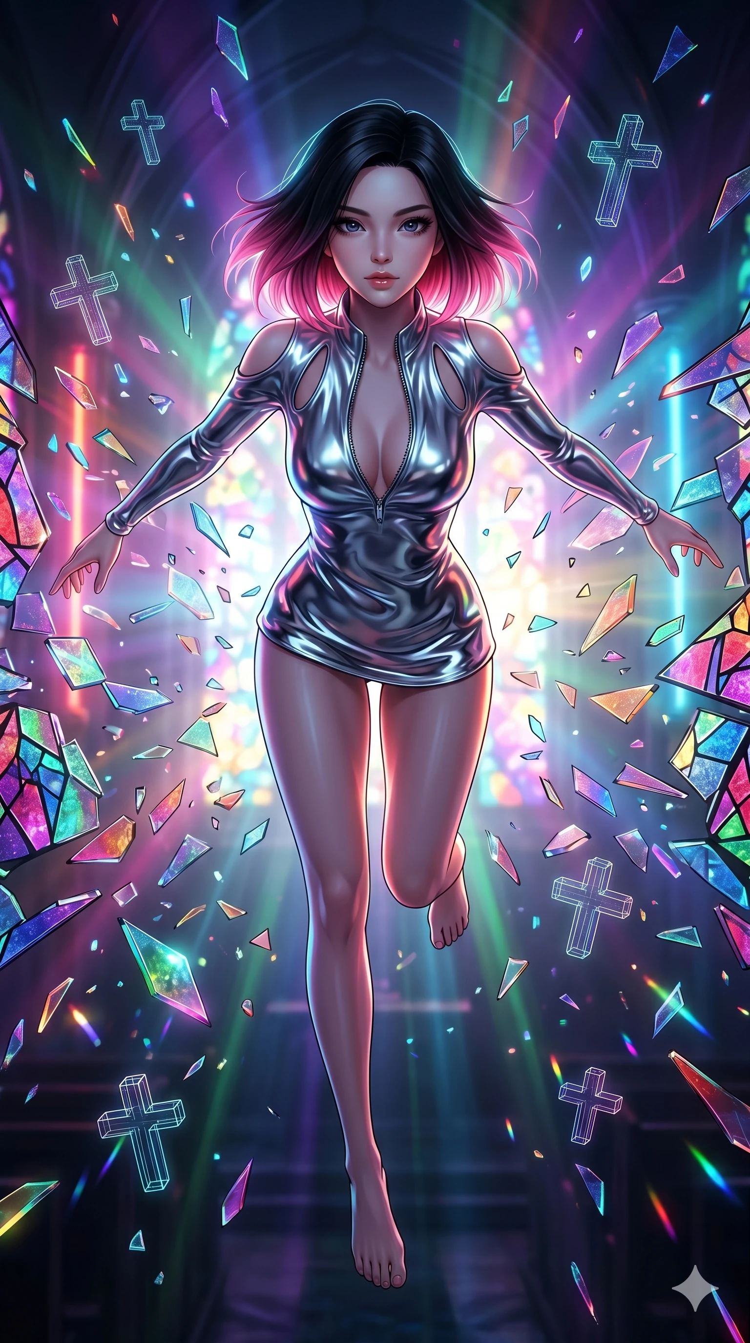 score_9, masterpiece, best quality, ultra-detailed, high-budget anime keyframe, Korean woman. Upper body close-up from the thighs up, character filling the screen for maximum presence. She is leaping through shattered stained glass of a neon-lit futuristic cathedral. She maintains a serene yet captivating expression amidst a rain of glowing shards and floating digital cross symbols. She has an absolutely perfect 8-heads proportion, an exceptionally tall and slender female figure with impossibly long slender legs and an ultra-slim waist. V-shaped jawline, high-bridge nose, intricate jewel-like eyes with depth, thick eyelashes, glossy lips with a natural sheen. She is wearing a form-fitting top made of molten liquid-mercury fabric that clings to her curves, with strategic tear-drop shoulder cutouts and a dangerously unzipped front collar. The scene is backlit by intense multi-colored neon light rays and volumetric dawn light filtering through fog. 2k, ultra detail, master piece, 9:16 ratio