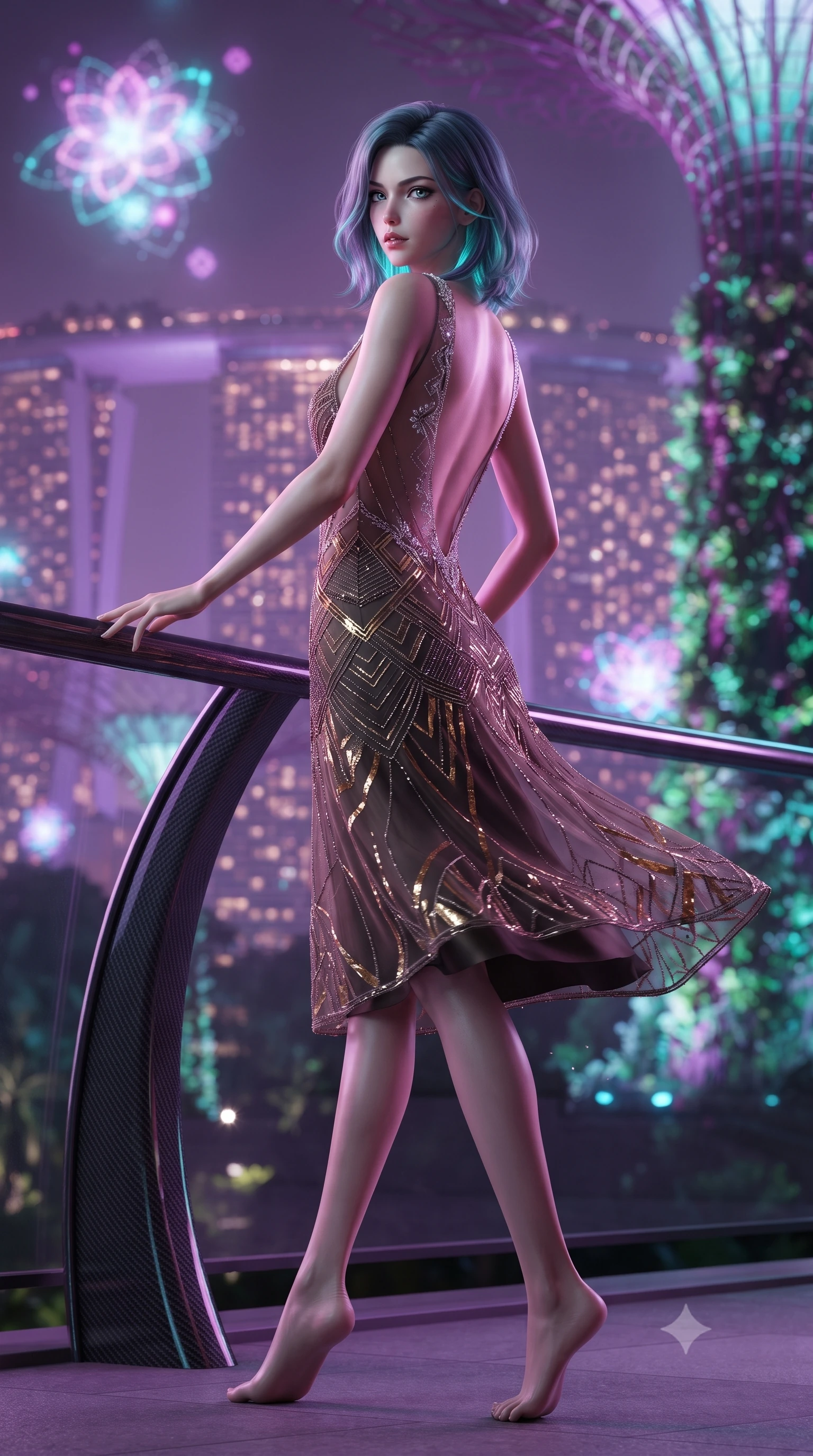 score_9, masterpiece, best quality, ultra-detailed, high-budget anime keyframe, editorial fashion photography, tasteful artistic composition, Caucasian woman. low angle full-body shot from head to toe showing her feet, filling the entire 9:16 vertical frame with her statuesque presence, stretching her vertical silhouette. executing an elegant mid-motion pivot turn as garments swirl around her slender limbs, glancing over her shoulder with an intoxicating bedroom-gaze while twisting her slender torso in an alluring contrapposto stance beside a curved carbon support strut, the illuminated Marina Bay Sands towers shimmering in the purple haze. The composition keeps background elements in soft focus with creamy bokeh. towering illuminated vertical gardens and floating holographic floral light grids blurred into electric magenta, turquoise, and violet bokeh. She has an exceptionally tall and slender model-like 8.5-heads proportion, an ultra-slim waist, a flat toned midriff, narrow delicate ribcage, and beautifully sculpted feminine hips creating a graceful, slim hourglass silhouette without any bulky heaviness, with impossibly long slender legs. sharp v-shaped jawline, high-bridge nose, intricate jewel-like eyes with depth, thick eyelashes, glossy parted lips with a natural sheen, intensely captivating and seductive bedroom-eyes expression, flawlessly proportioned anatomical accuracy, strict slender model proportions, natural body alignment, perfectly sculpted long slender limbs, ultra-slim waistline, clean dynamic posture without body distortion. wearing a sheer vintage mesh flapper dress adorned with intricate geometric beadwork over an opaque silk slip in dark espresso brown and molten gold foil, tailored from liquid silk jersey adhering flawlessly to her slender build, finished with delicate crystal frost embroidery tracing the plunging neckline, the dramatically scooped open back descending to the base of her spine, accentuating her razor-sharp statuesque lines and slim hourglass silhouette. bathed in rich magenta and cyan bioluminescent light contrasting with warm tropical ambient twilight. ultra-reflective glossy finish, specular highlights, rich textural contrasts, high-contrast stereoscopic depth, volumetric dynamic lighting, 2k, ultra detail, master piece, 9:16 ratio
