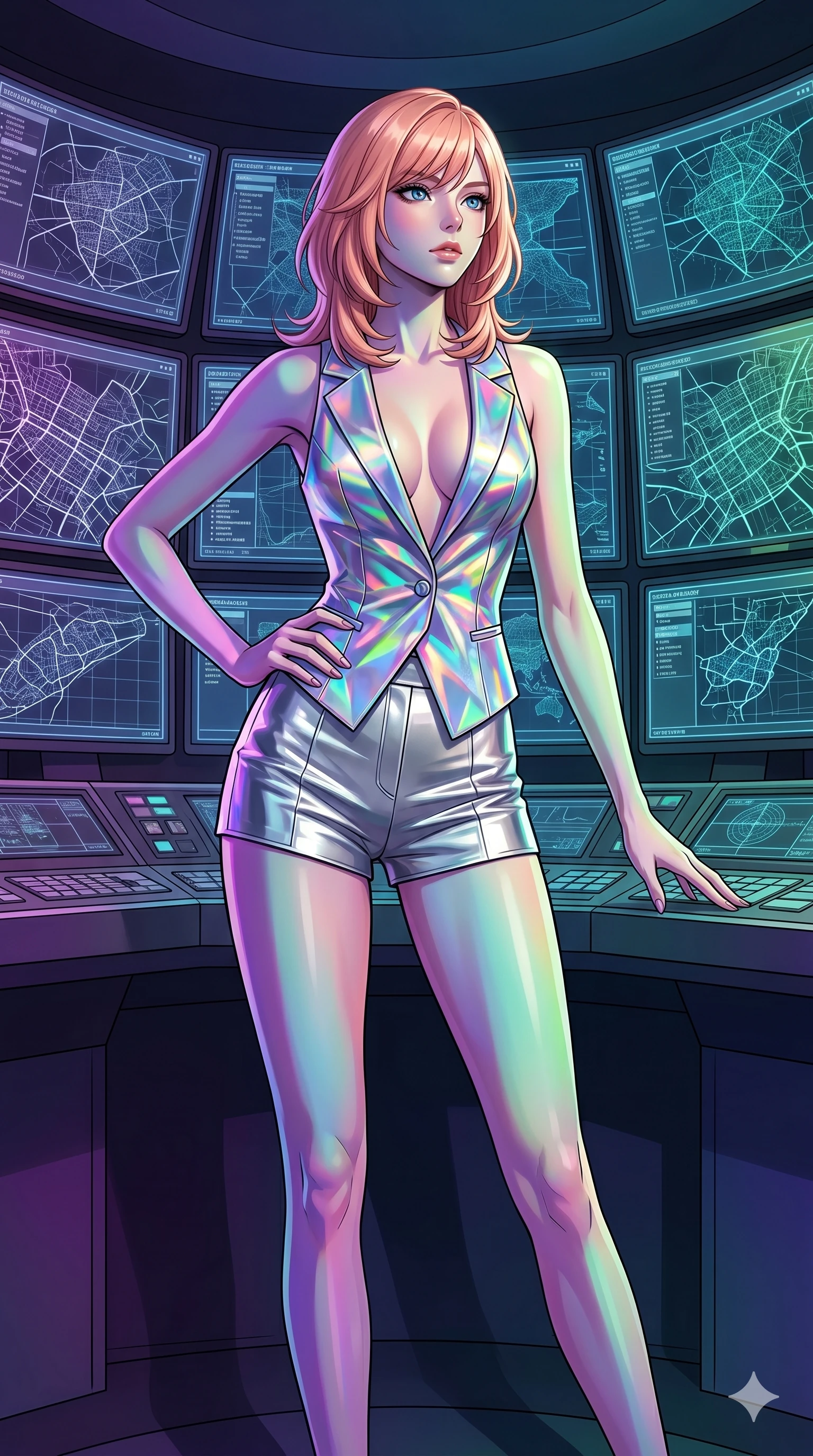 score_9, masterpiece, best quality, ultra-detailed, high-budget anime keyframe, editorial fashion photography, tasteful artistic composition, Japanese woman. cowboy shot from the thighs up, character and outfit filling the frame for maximum editorial presence. Gazing past the camera with an air of effortless superiority within a high-tech control room with walls of curved monitors showing wireframe maps. She has an absolutely perfect 8-heads proportion, an exceptionally tall and slender female figure with impossibly long slender legs and an ultra-slim waist. V-shaped jawline, high-bridge nose, intricate jewel-like eyes with depth, thick eyelashes, glossy lips with a natural sheen. wearing a structured vest in holographic fabric with a deep neckline, paired with silver metallic high-waist tailored micro-shorts. lit by high-contrast holographic projection lighting with vivid colored shadows that define her form. 2k, ultra detail, master piece, 9:16 ratio