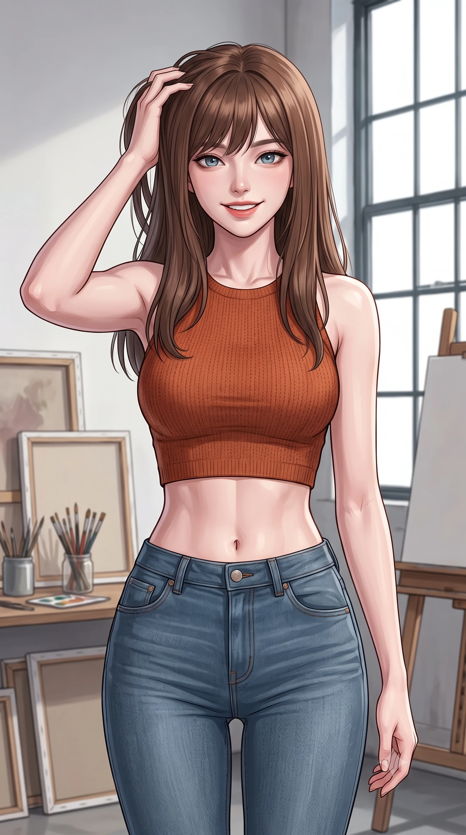 score_9, masterpiece, best quality, ultra-detailed, high-budget anime keyframe, editorial fashion photography, tasteful artistic composition, Korean woman woman. close-up cowboy shot from the waist and thighs up, the character dominates the composition, filling the frame with her large presence, background elements kept in soft focus. smiling with quiet, magnetic self-assurance directly into the camera, running a hand through her hair the background shows a soft-focus an artist's studio filled with canvases, paint brushes, and easel near a large industrial window. She has an exceptionally elegant, slender, and willowy female figure with an ultra-slim waist, a gracefully sculpted slender torso, and a refined silhouette. sharp v-shaped jawline, high-bridge nose, intricate jewel-like eyes with depth, thick eyelashes, glossy lips with a natural sheen. wearing a body-hugging body-hugging knit crop top in rust orange paired with high-waisted skinny jeans. crisp North daylight casting soft, consistent lighting over the workspace. 2k, ultra detail, master piece, 9:16 ratio