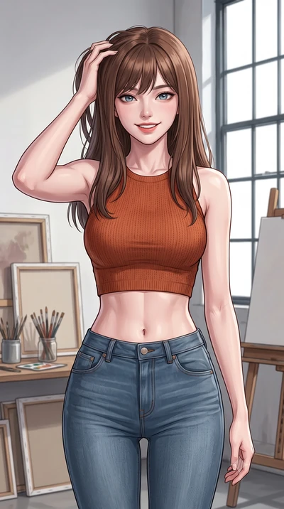 score_9, masterpiece, best quality, ultra-detailed, high-budget anime keyframe, editorial fashion photography, tasteful artistic composition, Korean woman woman. close-up cowboy shot from the waist and thighs up, the character dominates the compositi
