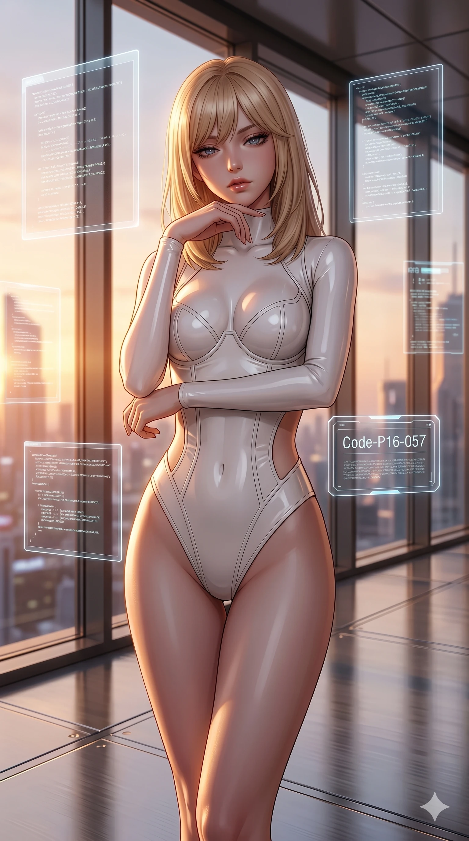 score_9, masterpiece, best quality, ultra-detailed, high-budget anime keyframe, editorial fashion photography, tasteful artistic composition, Japanese woman. cowboy shot from the thighs up, character and outfit filling the frame for maximum editorial presence. resting her chin on the backs of her fingers, casting a heavy-lidded sultry gaze inside a futuristic penthouse with floating digital art frames (Code-P16-057). She has an absolutely perfect 8-heads proportion, an exceptionally tall and slender female figure with impossibly long slender legs and an ultra-slim waist. V-shaped jawline, high-bridge nose, intricate jewel-like eyes with depth, thick eyelashes, glossy lips with a natural sheen. wearing a sleek form-fitting white latex bodysuit with structured cups and side cutouts. warm sunset light pouring through the windows, casting a warm glowing aura on her. 2k, ultra detail, master piece, 9:16 ratio