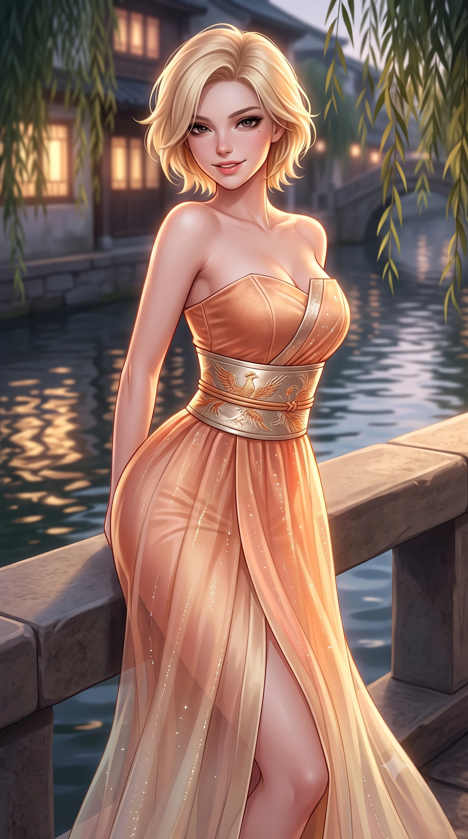 score_9, masterpiece, best quality, ultra-detailed, high-budget anime keyframe, semi-realistic 3D game render, editorial fashion photography, tasteful artistic composition, Caucasian woman. close-up cowboy shot from the waist and thighs up, the character dominates the composition, filling the frame with her large presence. resting both hands lightly behind her back while leaning toward the lens with a cheerful, teasing grin, her form-fitting fusion dress hugging her narrow waist and hip curve while leaning against the smooth stone bridge parapet with hips cocked back, looking over a bare shoulder with an intoxicating, smoldering half-smile. The background shows a soft-focus rippling canal waters reflecting glowing windows and swaying willow branches softened in romantic Gion shallow focus. She has an exceptionally elegant, slender, and willowy female figure with an ultra-slim waist, flat toned midriff, narrow ribcage, and sculpted feminine hips creating an alluring, slim hourglass silhouette without bulk. sharp v-shaped jawline, high-bridge nose, intricate jewel-like dark sparkling almond eyes with depth, thick lashes, glossy parted lips with a natural rose-plum sheen, bright alluring and coquettish smile with bedroom-eyes, exuding both timeless oriental elegance and sovereign high-fashion allure, flawlessly proportioned anatomical accuracy, strict slender model proportions, natural body alignment, perfectly sculpted long slender limbs, ultra-slim waistline, clean dynamic posture without body distortion. wearing a modern fusion hanbok dress with a structured velvet bodice and cascading sheer ombre organza skirt with front slit in warm peach apricot and soft vanilla silk, woven from metallic gold and silver thread casting subtle starlight glints, finished with a wide metallic obi sash with intricate embroidered phoenix motifs, the liquid-tight tailored silk fabric clinging flawlessly to her narrow waist and rounded feminine hips, emphasizing every millimeter of her sculpted slim hourglass curves without any bulky heaviness. illuminated by rippling canal water reflections and sharp amber rim lighting sculpting her razor-sharp jawline, narrow waist, and curvy hips. highly saturated vibrant anime colors, detailed shading with soft gradients, rich glossy textures, high-contrast stereoscopic depth, volumetric dynamic lighting, master piece, 9:16 ratio