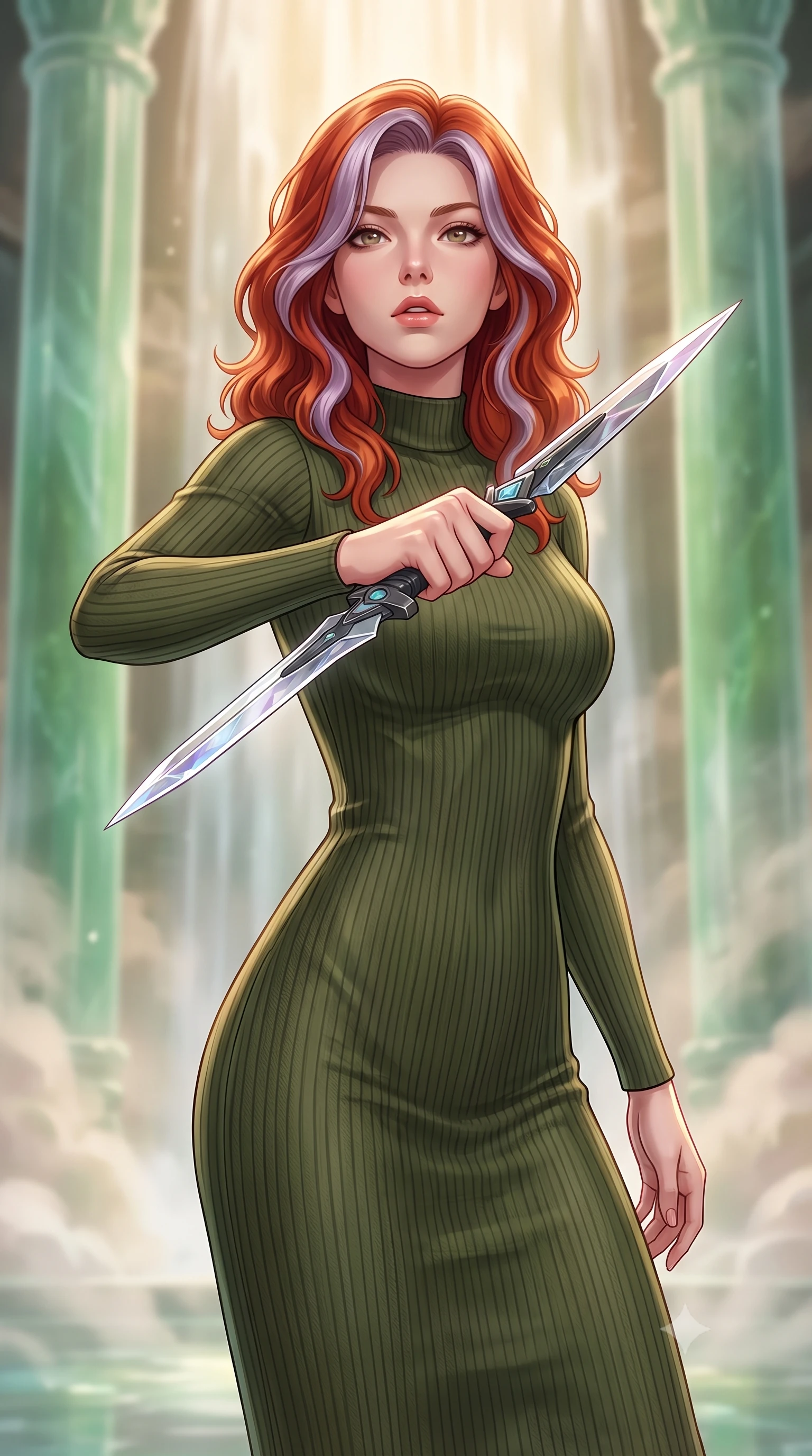 score_9, masterpiece, best quality, ultra-detailed, high-budget anime keyframe, editorial fashion photography, tasteful artistic composition, Caucasian woman. close-up cowboy shot from the waist and thighs up, the character dominates the composition, filling the frame with her large presence, background elements kept in soft focus. pointing a crystal-edged laser dagger forward in a defensive stance, tilting her chin up slightly with lips parted in a composed pose, the background shows a soft-focus a waterfall sanctuary chamber with translucent jade pillars and steam vents. She has an exceptionally elegant, slender, and willowy female figure with an ultra-slim waist, a gracefully sculpted slender torso, and a refined silhouette. sharp v-shaped jawline, high-bridge nose, intricate jewel-like eyes with depth, thick eyelashes, glossy lips with a natural sheen. wearing a slim-fit body-hugging ribbed carbon-fiber knit bodycon midi dress in olive green, featuring a snug mock-neck. low-contrast, soft warm ambient uplight casting a peaceful, gold glow. highly saturated vibrant anime colors, detailed shading with soft gradients, rich glossy textures, high-contrast stereoscopic depth, volumetric dynamic lighting, master piece, 9:16 ratio