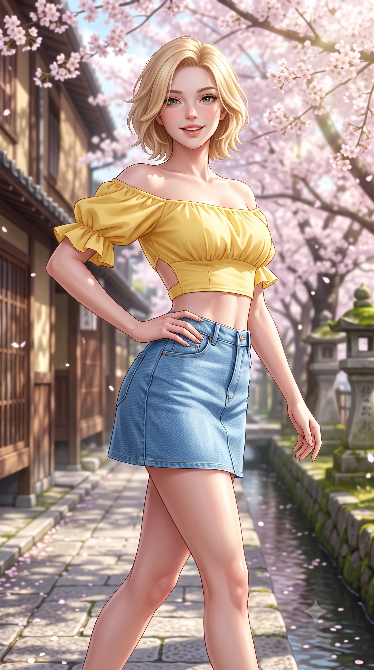 score_9, masterpiece, best quality, ultra-detailed, high-budget anime keyframe, semi-realistic 3D game render, editorial fashion photography, tasteful artistic composition, Caucasian woman. close-up cowboy shot from the waist and thighs up, the character dominates the composition, filling the frame with her large presence. twisting her slender torso in an alluring contrapposto stance, one hand resting on her sculpted hip while flashing a radiant, playful smile with parted glossy lips while walking gracefully along the stone canal pathway beneath hundreds of blooming cherry trees, arching her lower back with a bright, charming smile. The composition keeps background elements in soft focus with dreamy creamy bokeh. traditional wooden teahouse walls and stone moss lanterns softened in tranquil Kyoto shallow focus. She has an exceptionally elegant, slender, and willowy female figure with an ultra-slim waist, flat toned midriff, narrow ribcage, and sculpted feminine hips creating an alluring, slim hourglass silhouette without bulk. sharp v-shaped jawline, high-bridge nose, intricate jewel-like sparkling eyes with depth, thick eyelashes, glossy parted lips with a natural peach sheen, bright cheerful beaming smile with an enchanting and coquettish sensual glint, exuding both youthful cute charm and seductive allure, flawlessly proportioned anatomical accuracy, strict slender model proportions, natural body alignment, perfectly sculpted long slender limbs, ultra-slim waistline, clean dynamic posture without body distortion. wearing an off-shoulder puff-sleeve crop blouse with a tight high-waisted denim A-line mini skirt emphasizing her curvy hips in sunny daffodil yellow and clear sky blue, tailored from crisp cotton poplin with clean structural lines, featuring elegant flutter sleeves and a graceful square neckline, the precision-cut side openings and low-back scoop framing her graceful spine and the sensual sweep of her slim, toned hips. bathed in bright morning spring sunlight scattering through blooming flower canopies. highly saturated vibrant anime colors, detailed shading with soft gradients, rich glossy textures, high-contrast stereoscopic depth, volumetric dynamic lighting, master piece, 9:16 ratio