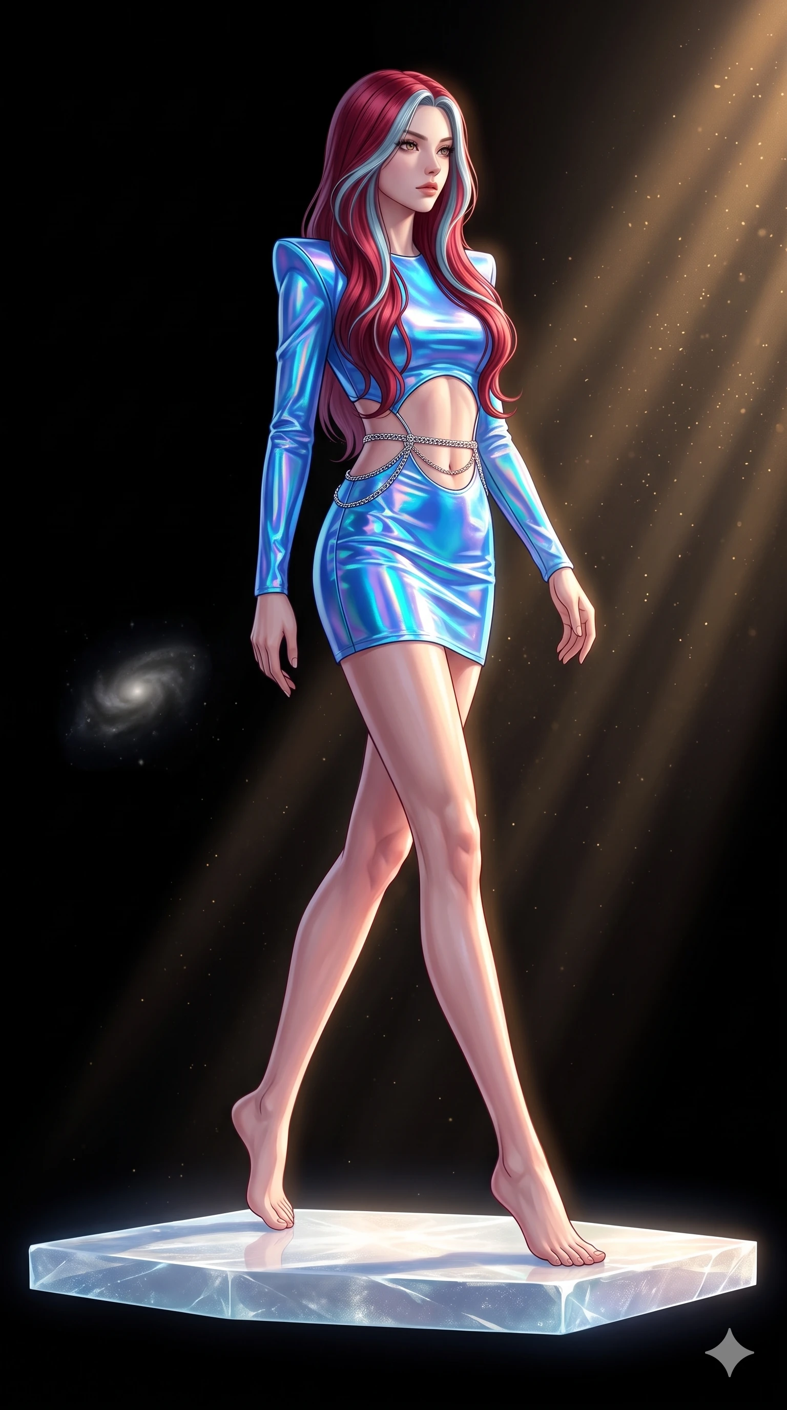score_9, masterpiece, best quality, ultra-detailed, high-budget anime keyframe, editorial fashion photography, tasteful artistic composition, Caucasian woman, strictly human ears. low angle full-body shot from head to toe showing her feet, filling the entire 9:16 vertical frame with her statuesque presence, stretching her vertical silhouette. stepping elegantly through the absolute emptiness of intergalactic space between galaxy clusters a single small platform of crystallized light floating in infinite darkness with the nearest galaxy a faint smudge billions of light-years away. She has a statuesque 8.5-heads proportion, an exceptionally tall, slender and willowy model-like build with impossibly long legs and a highly sculpted ultra-slim waist. sharp v-shaped jawline, high-bridge nose, intricate jewel-like eyes with depth, thick eyelashes, glossy lips with a natural sheen. wearing a holographic mini dress in electric blue, featuring structured shoulder pads, an exposed midriff, and a silver waist chain. golden hour sunlight streaming in warm shafts with floating dust particles catching the light. 2k, ultra detail, master piece, 9:16 ratio
