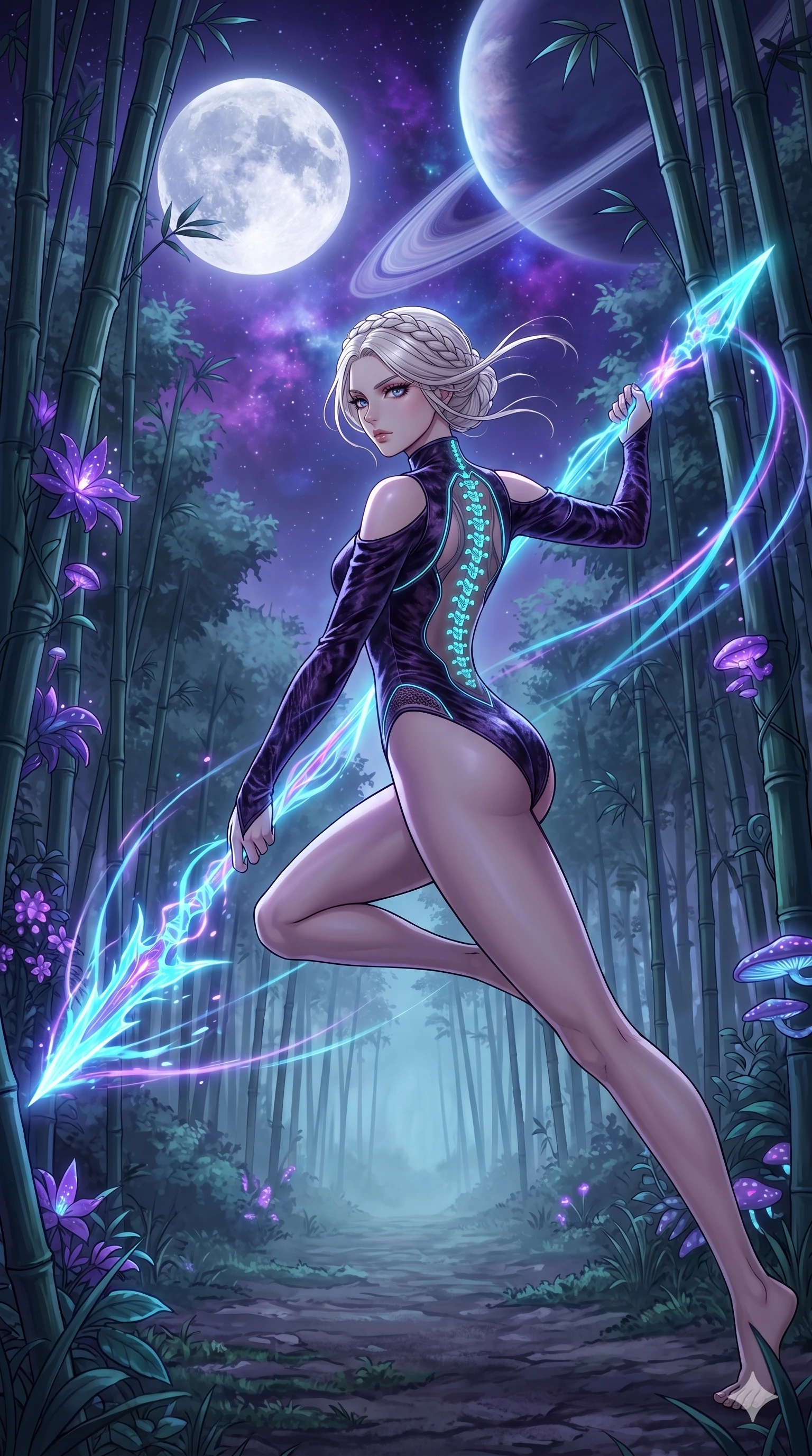 score_9, masterpiece, best quality, ultra-detailed, High-budget Anime Keyframe, vibrant colors, fluid line-art, expressive lighting, cinematic composition, Ufotable-style visual effects, top-tier animation quality, Japanese woman with delicate and elegant anime-inspired features. Dynamic full-body shot stretching the vertical silhouette, capturing her from a powerful low-angle perspective. Training with a spear made of pure concentrated energy under the silver light of a full moon in a bamboo forest. She has an absolutely perfect 8-heads proportion, an exceptionally tall and slender female figure with impossibly long slender legs and an ultra-slim waist, her statuesque height and towering silhouette dominating the vertical 9:16 frame. Her face is a masterpiece featuring a sharp v-shaped jawline, high-bridge nose, intricate jewel-like eyes with depth, thick eyelashes, and glossy lips with a natural sheen. She is wearing a Asymmetrical high-cut tech-bodysuit with detached sleeves and glowing fiber-optic seams crafted from Crushed dark velvet with a deep, rich texture that absorbs light and glows at the edges, boasting shoulder cut-outs and a glowing spinal interface visible through the back. The scene is set in a mysterious alien planet with bioluminescent purple flora and a giant ringed planet in the sky, illuminated by flickering starlight and nebula glow providing a mystical and vast ambiance. 2k, ultra detail, master piece, 9:16 ratio
