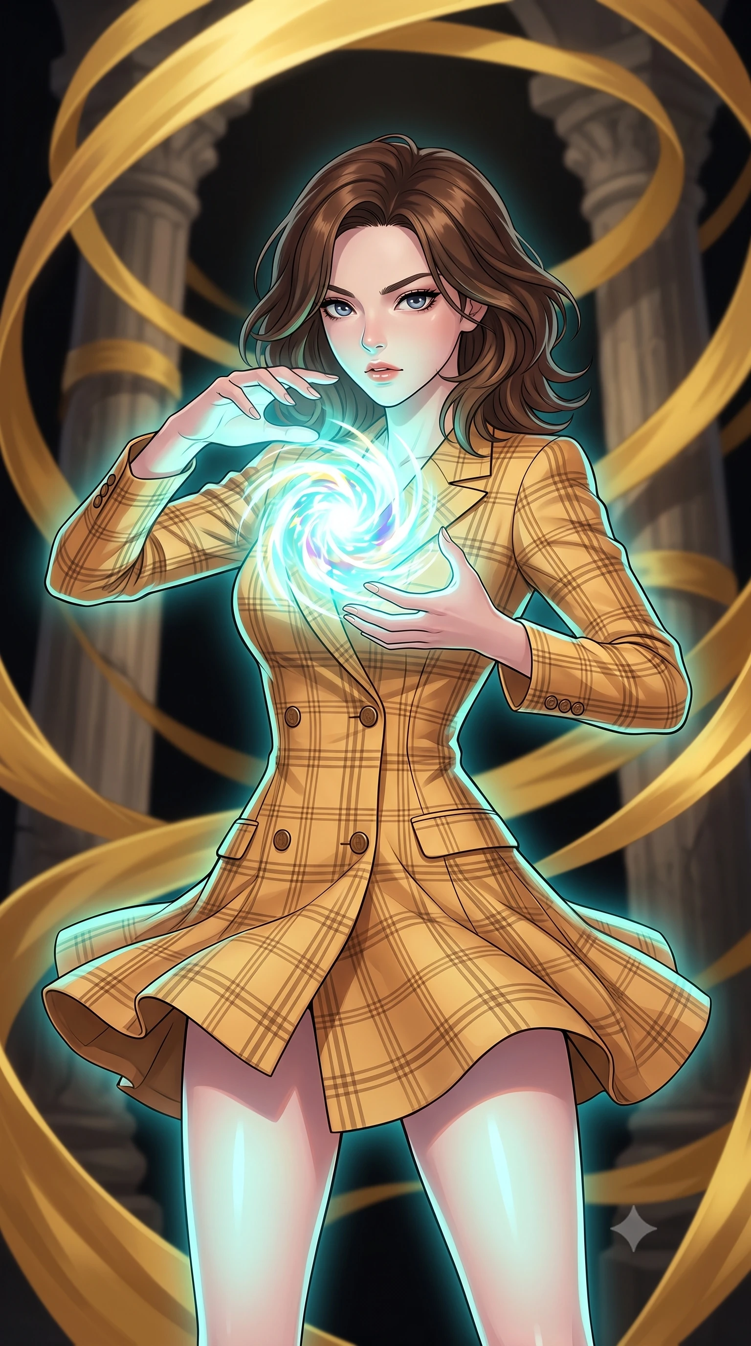 score_9, masterpiece, best quality, ultra-detailed, high-budget anime keyframe, clean line-art, cel-shading, Korean woman. close-up cowboy shot from the waist and thighs up, the character dominates the composition, filling the frame with her large presence, background elements kept in soft focus. Channelling a swirling orb of energy between her hands with an intense focused gaze. set against a soft-focus background of a dark space where wide golden silk ribbons are swirling in a giant vortex, wrapping around stone pillars. She has an exceptionally elegant and slender, willowy female figure with an ultra-slim waist, a gracefully sculpted slender torso, and a refined slim physique. sharp v-shaped jawline, high-bridge nose, intricate jewel-like eyes with depth, thick eyelashes, glossy lips with a natural sheen. wearing the lightweight fabric rippling and billowing dramatically with her movement, a slim-fit fitted double-breasted blazer dress in a bright camel plaid, nips at her ultra-slim waist to emphasize her slender proportions. soft aqua bioluminescent light making her skin luminously glow against darkness. highly saturated vibrant anime colors, intense vivid color palette, volumetric dynamic lighting, 2k, ultra detail, master piece, 9:16 ratio