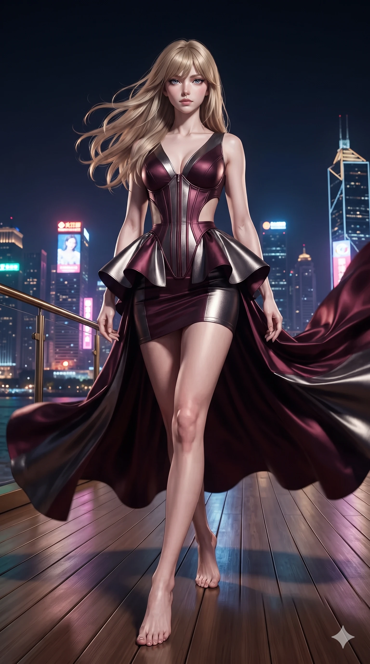 score_9, masterpiece, best quality, ultra-detailed, high-budget anime keyframe, editorial fashion photography, tasteful artistic composition, Japanese woman. low angle full-body shot from head to toe showing her feet, filling the entire 9:16 vertical frame with her statuesque presence, stretching her vertical silhouette. sitting on the black basalt rock rim of the steaming geothermal lagoon, water droplets beading on her flat midriff and curvy hips while striding across the penthouse terrace as river breezes whip her high-slit dress open, accentuating her long slender legs and curvy hips. The surrounding environment is rendered in vivid detail and crisp panoramic clarity: sharp teak deck caulking seams, sleek brass railing rivets, and crisp neon skyline architecture in deep focus. She has an exceptionally tall and slender model-like 8.5-heads proportion, an ultra-slim waist, a flat toned midriff, narrow delicate ribcage, and beautifully sculpted feminine hips creating a graceful, slim hourglass silhouette without any bulky heaviness, with impossibly long slender legs. sharp v-shaped jawline, high-bridge nose, intricate jewel-like sparkling eyes with depth, thick eyelashes, glossy parted lips with a natural sheen, intensely captivating and seductive bedroom-eyes expression, exuding both youthful cute charm and sovereign luxury allure, flawlessly proportioned anatomical accuracy, strict slender model proportions, natural body alignment, perfectly sculpted long slender limbs, ultra-slim waistline, clean dynamic posture without body distortion. wearing a modern peplum corset dress with side-waist diamond cutouts and an ultra-tight silhouette in deep wine burgundy and brushed dark platinum, made of fluid liquid jersey with seamless sculpting hold and smooth contours, complemented by strappy stiletto sandals with metallic ankle wraps accentuating her slender calves, the form-contouring cut accentuating her sculpted flat midriff, narrow delicate ribcage, and gracefully curvy hips with intoxicating allure. illuminated by terrace deck bounce and sharp neon-cyan rim lights sculpting her razor-sharp jawline, narrow waist, and curvy hips. ultra-reflective glossy finish, specular highlights, rich textural contrasts, high-contrast stereoscopic depth, volumetric dynamic lighting, 2k, ultra detail, master piece, 9:16 ratio