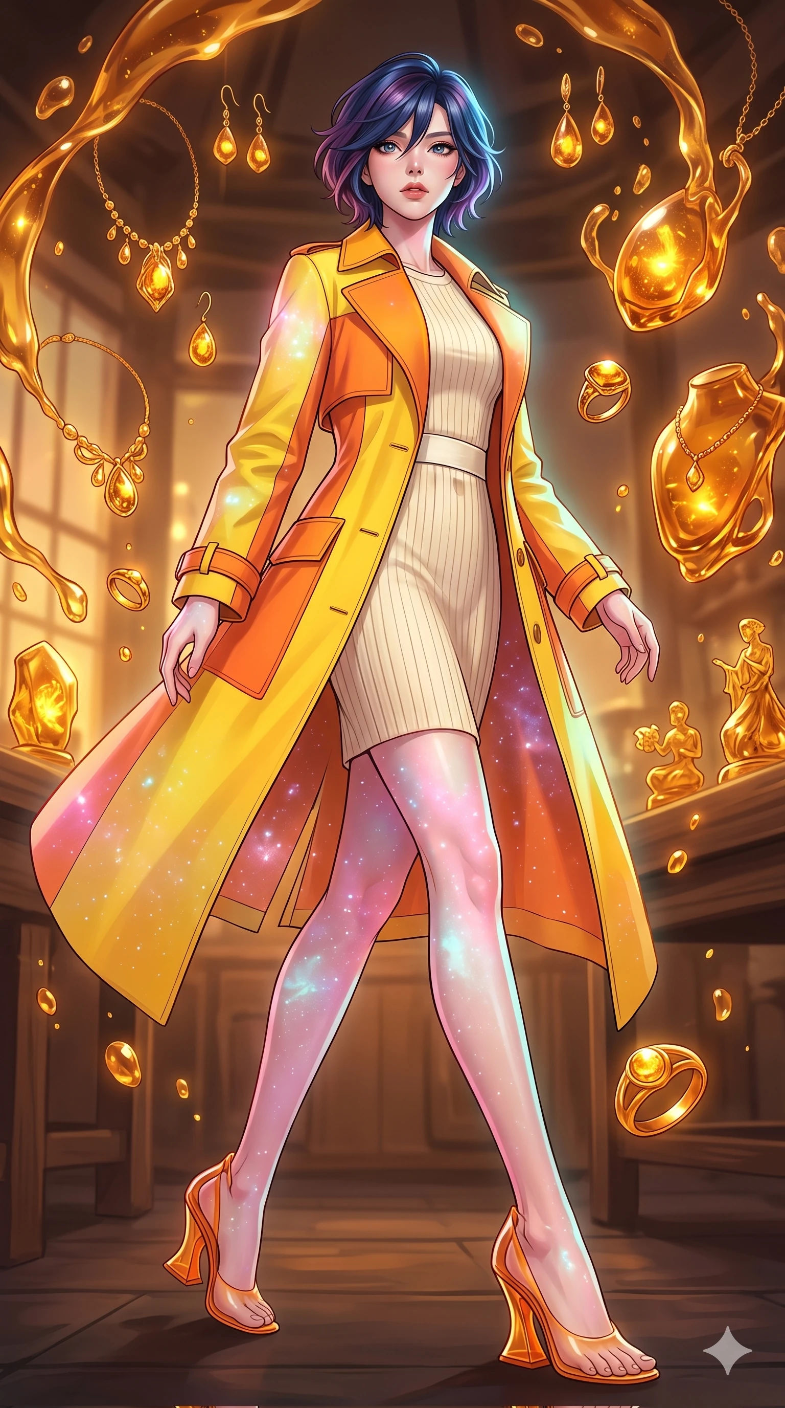 score_9, masterpiece, best quality, ultra-detailed, high-budget anime keyframe, editorial fashion photography, tasteful artistic composition, Korean woman. low angle full-body shot from head to toe showing her feet, filling the entire 9:16 vertical frame with her statuesque presence, stretching her vertical silhouette. navigating with fluid motion through an artisan workshop where liquid amber is shaped mid-air by invisible hands into intricate jewelry and miniature sculptures each piece trapping golden light within its translucent honey-colored form. She has a statuesque 8.5-heads proportion, an exceptionally tall, slender and willowy model-like build with impossibly long legs and a highly sculpted ultra-slim waist. sharp v-shaped jawline, high-bridge nose, intricate jewel-like eyes with depth, thick eyelashes, glossy lips with a natural sheen. wearing a structured color-blocked trench coat in bright canary yellow and tangerine orange, worn over a cream ribbed knit dress with an ivory waist belt. starlight and nebula glow casting soft cosmic pink and cyan highlights on her form. 2k, ultra detail, master piece, 9:16 ratio
