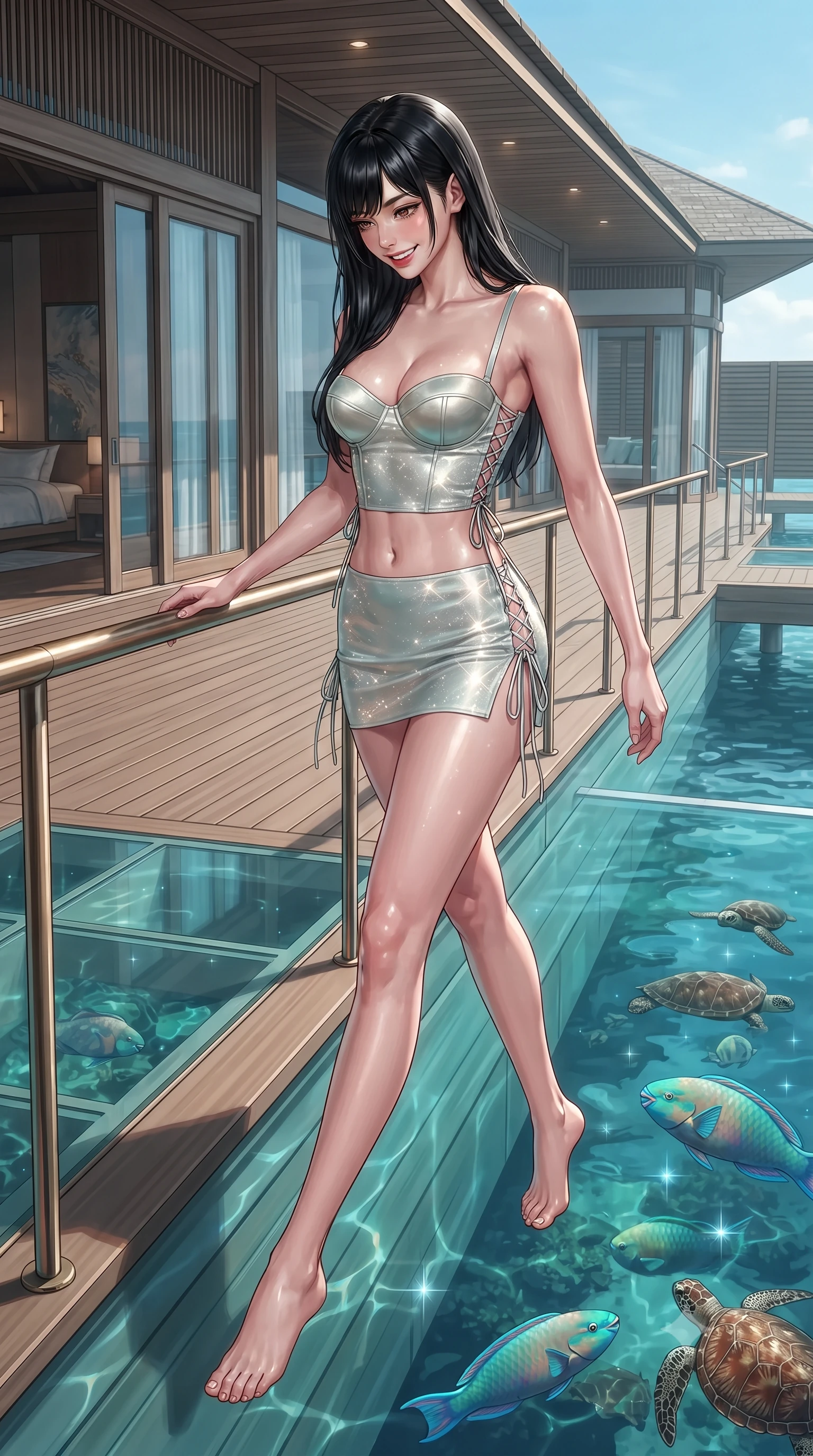 score_9, masterpiece, best quality, ultra-detailed, high-budget anime keyframe, editorial fashion photography, tasteful artistic composition, Caucasian woman. low angle full-body shot from head to toe showing her feet, filling the entire 9:16 vertical frame with her statuesque presence, stretching her vertical silhouette. stepping forward in a confident stride, her long slender legs and curvaceous hips creating a dynamic, sweeping vertical line while leaning against the nautical brass rail with hips cocked back, looking down at illuminated tropical parrotfish and sea turtles with smoldering bedroom-eyes. The surrounding environment is rendered in vivid detail and crisp panoramic clarity: detailed outfit texture, bodycon fit, and luxury overwater villa architecture in high resolution. She has an exceptionally tall and slender model-like 8.5-heads proportion, an ultra-slim waist, a flat toned midriff, narrow delicate ribcage, and beautifully sculpted feminine hips creating a graceful, slim hourglass silhouette without any bulky heaviness, with impossibly long slender legs. sharp v-shaped jawline, high-bridge nose, intricate jewel-like sparkling eyes with depth, thick eyelashes, glossy parted lips with a natural peach sheen, bright cheerful beaming smile with an enchanting and coquettish sensual glint, exuding both youthful cute charm and seductive allure, flawlessly proportioned anatomical accuracy, strict slender model proportions, natural body alignment, perfectly sculpted long slender limbs, ultra-slim waistline, clean dynamic posture without body distortion. wearing a sculpted satin underwire crop bustier with lace-up side ties paired with a micro skirt in Deauville Belle Époque champagne luster and seafoam pearl, woven from stretch metallic lurex jersey casting radiant starlight glints across her curves, featuring fine criss-cross lace-up side ties revealing tantalizing glimpses of her hip curve, the liquid-tight tailored fabric clinging flawlessly to her narrow waist and rounded feminine hips, emphasizing every millimeter of her sculpted slim hourglass curves without any bulky heaviness. illuminated by water caustics bounce and sharp platinum-cyan rim lights sculpting her jawline, narrow waist, and curvy hips. ultra-reflective glossy finish, specular highlights, rich textural contrasts, high-contrast stereoscopic depth, volumetric dynamic lighting, 2k, ultra detail, master piece, 9:16 ratio