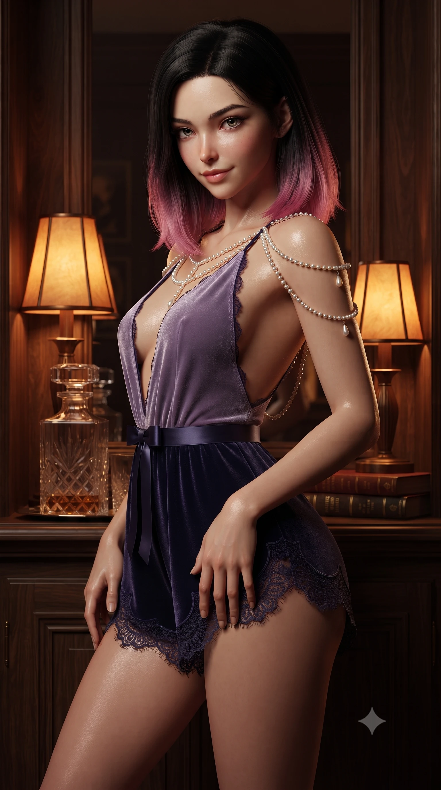 score_9, masterpiece, best quality, ultra-detailed, high-budget anime keyframe, editorial fashion photography, tasteful artistic composition, Korean woman. close-up cowboy shot from the waist and thighs up, the character dominates the composition, filling the frame with her large presence. tilting her head with a teasing half-smile, running one hand slowly down the side of her hip in a flirtatious S-curve as ambient light caresses her silhouette while twisting her slender torso in an alluring S-curve, amber art-deco shaded lamps tracing her narrow waist, flat midriff, and hips. The surrounding environment is rendered in vivid detail and crisp panoramic clarity: sharp carved walnut moulding profiles, cut-crystal liquor decanter facets, and antique book gold-leaf lettering in deep focus. She has an exceptionally elegant, slender, and willowy female figure with an ultra-slim waist, flat toned midriff, narrow ribcage, and sculpted feminine hips creating an alluring, slim hourglass silhouette without bulk. sharp v-shaped jawline, high-bridge nose, sparkling eyes with hypnotic seductive depth, thick curled eyelashes, glossy parted lips with a natural dewy peach sheen, alluring bedroom-eyes with an enchanting coquettish smile, exuding magnetic siren charisma and sophisticated glamour, flawlessly proportioned anatomical accuracy, strict slender model proportions, natural body alignment, perfectly sculpted long slender limbs, ultra-slim waistline, clean dynamic posture without body distortion. wearing a plunge-neck stretch velvet romper with scalloped eyelash-lace hems and a cinched waist ribbon in twilight lavender and midnight indigo, tailored from fine structural neoprene with crisp architectural edges and smooth contouring, accented with a pearl-drop body harness subtly framing her dewy collarbones and spine, the high-slit wrap tailoring accentuating her ultra-slim waistline and the enchanting curve of her feminine hips with alluring seductive charm. bathed in warm moody chiaroscuro lighting spilling from vintage art-deco shaded lamps and the bar niche. ultra-reflective glossy finish, specular highlights, rich textural contrasts, high-contrast stereoscopic depth, volumetric dynamic lighting, 2k, ultra detail, master piece, 9:16 ratio