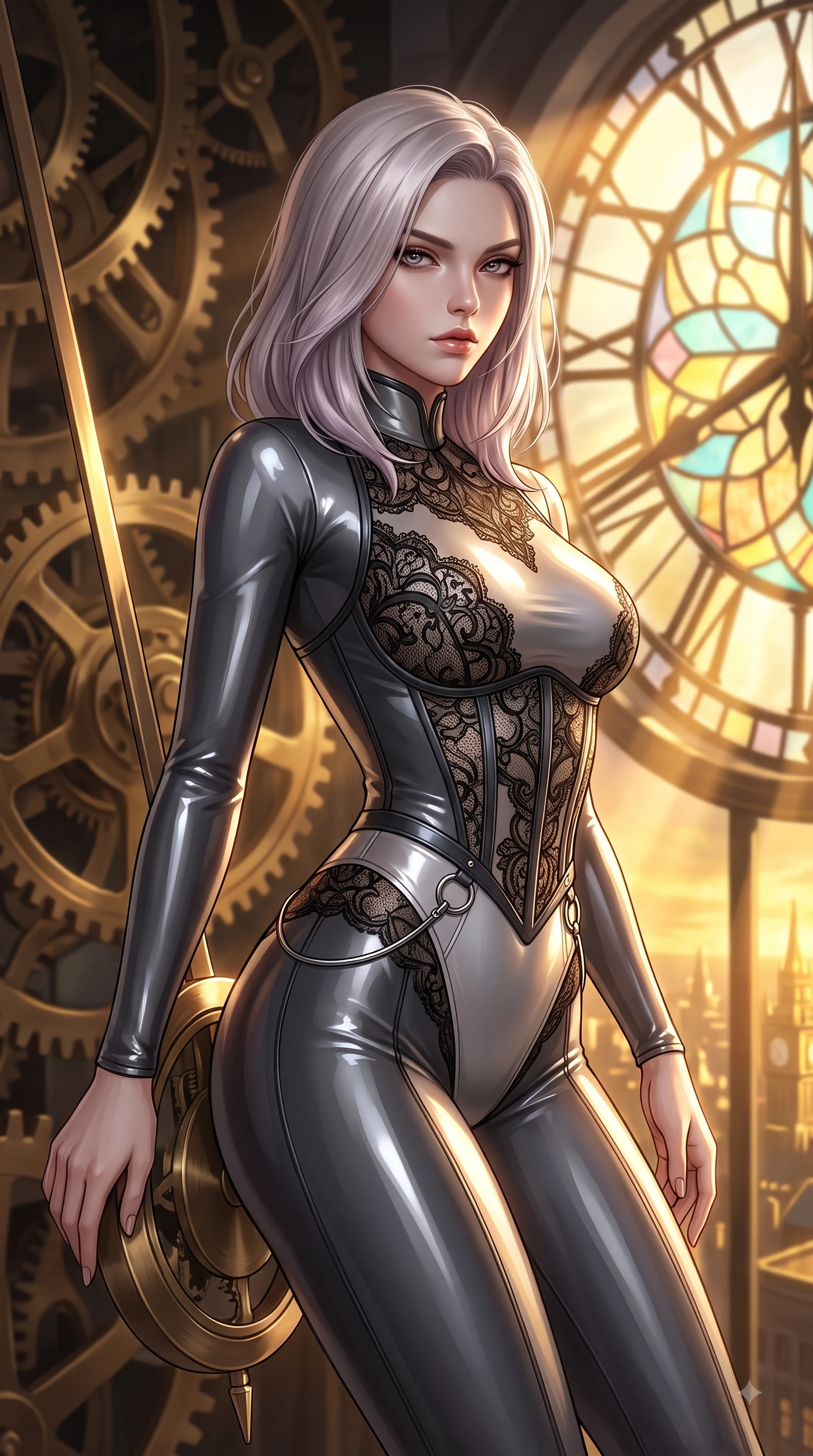 score_9, masterpiece, best quality, ultra-detailed, high-budget anime keyframe, editorial fashion photography, tasteful artistic composition, Caucasian woman. close-up cowboy shot from the waist and thighs up, the character dominates the composition, filling the frame with her large presence, background elements kept in soft focus. Gazing past the lens with smoldering intensity as her torso curves dynamically in mid-stride while resting against a mechanical clock pendulum swinging over a golden illuminated city below, dramatic twilight amber light streaming through the giant clock window in bold beams. She has an exceptionally elegant, slender, and willowy female figure with an ultra-slim waist, a gracefully sculpted slender torso, and a refined silhouette. sharp v-shaped jawline, high-bridge nose, intricate jewel-like eyes with depth, thick eyelashes, glossy lips with a natural sheen, flawlessly proportioned anatomical accuracy, natural body alignment, perfectly sculpted elegant limbs, clean dynamic posture without body distortion. wearing a sheer dark lace pattern bodysuit with structured corsetry boning in charcoal grey and platinum, formed from sleek second-skin neoprene, accented with delicate chrome ring hardware framing her waist, the glove-like fit emphasizing her statuesque silhouette during motion. illuminated by a brilliant golden hour glow filtering through clockwork dials. ultra-reflective glossy finish, specular highlights, metallic sheen, high-contrast stereoscopic depth, volumetric dynamic lighting, 2k, ultra detail, master piece, 9:16 ratio