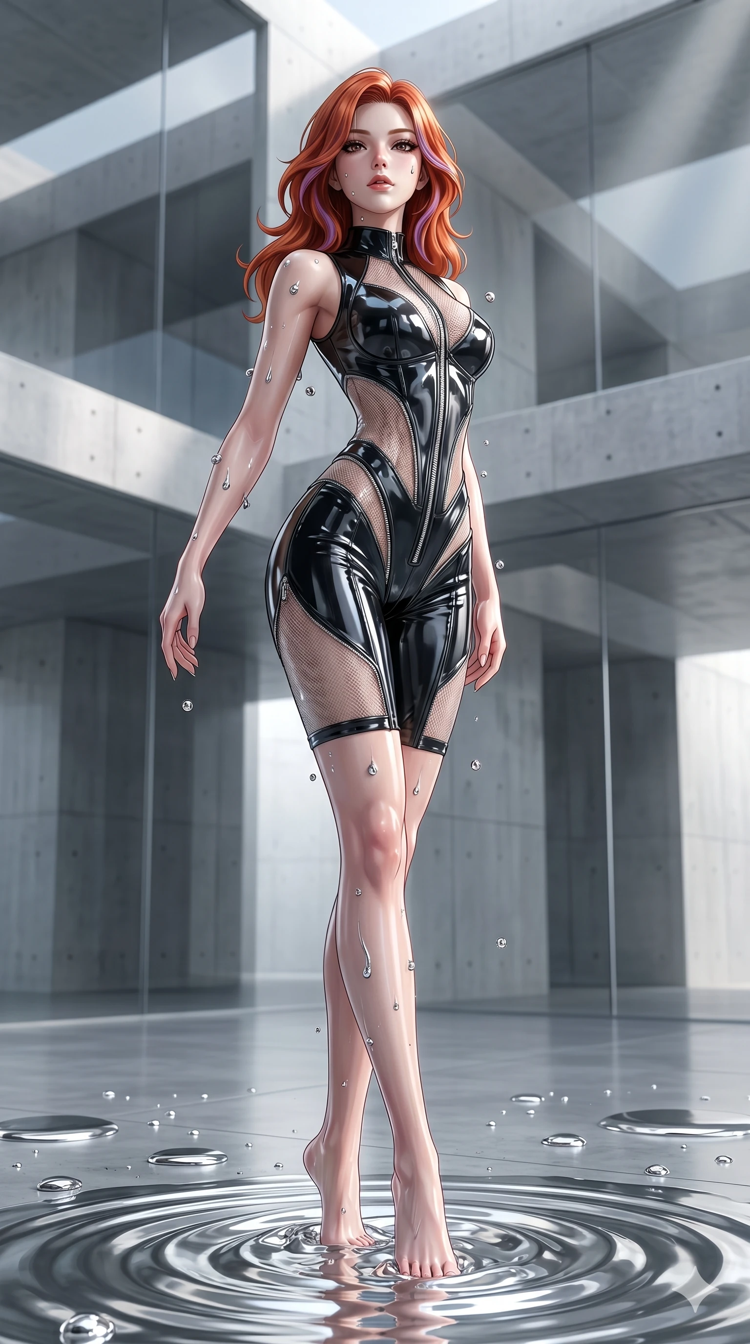 score_9, masterpiece, best quality, ultra-detailed, High-budget Anime Keyframe, East Asian woman. Dynamic full-body shot stretching the vertical silhouette to the limit. Scenario 54: Rising from a pool of mercury-like liquid, droplets rolling off her skin. Her presence is magnetic and overpowering in this high-budget anime scene. Outfit 54: A patent leather micro-mesh with a unzipped detail and translucent layers. The clothing is designed to emphasize her exceptionally tall and slender 8-heads proportion. 8-heads proportion, towering silhouette, ultra-slim waist. sharp v-shaped jawline, intricate jewel-like eyes with depth, thick eyelashes, glossy lips. 2k, ultra detail, master piece, 9:16 ratio