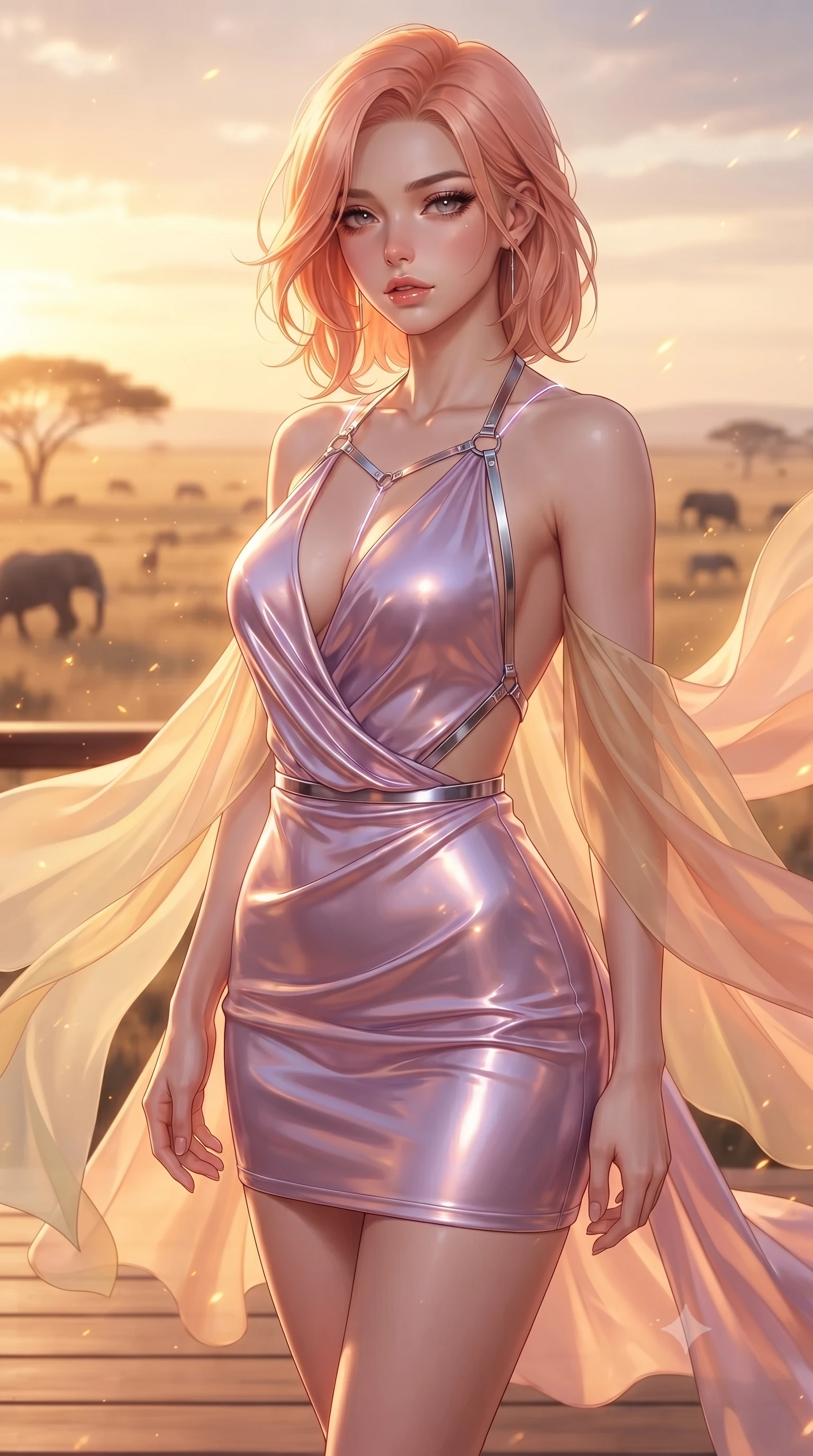 score_9, masterpiece, best quality, ultra-detailed, high-budget anime keyframe, editorial fashion photography, tasteful artistic composition, Japanese woman. close-up cowboy shot from the waist and thighs up, the character dominates the composition, filling the frame with her large presence. casting a slow, smoldering gaze beneath heavy lashes with parted glossy lips, her head slightly tilted in captivating self-assurance while standing with sovereign grace on a teak viewing deck as golden evening winds billow her sheer chiffon drapes against the sunset. The composition keeps background elements in soft focus with creamy bokeh. warm golden hour dust motes scattering radiant sunset glow across a breathtaking wilderness backdrop. She has an exceptionally elegant, slender, and willowy female figure with an ultra-slim waist, a gracefully sculpted slender torso, toned flat midriff, and a refined slim silhouette. sharp v-shaped jawline, high-bridge nose, intricate jewel-like eyes with depth, thick eyelashes, glossy lips with a natural sheen, flawlessly proportioned anatomical accuracy, strict slender model proportions, natural body alignment, perfectly sculpted long slender limbs, ultra-slim waistline, clean dynamic posture without body distortion. wearing a form-contouring liquid satin halter-neck mini dress with a deep crossover cowl front, open back, and ultra-slender waist drape in luminous lavender violet and rose gold, formed from high-gloss patent material with specular light reflections, reinforced by a sleek metallic chrome harness and delicate glowing micro-straps, the precision-cut daring openings accentuating her delicate midriff, graceful bare collarbones, and ultra-slim feminine waistline. surrounded by an exotic, wild, and intensely magnetic safari luxury lifestyle aura. ultra-reflective glossy finish, specular highlights, metallic sheen, high-contrast stereoscopic depth, volumetric dynamic lighting, 2k, ultra detail, master piece, 9:16 ratio