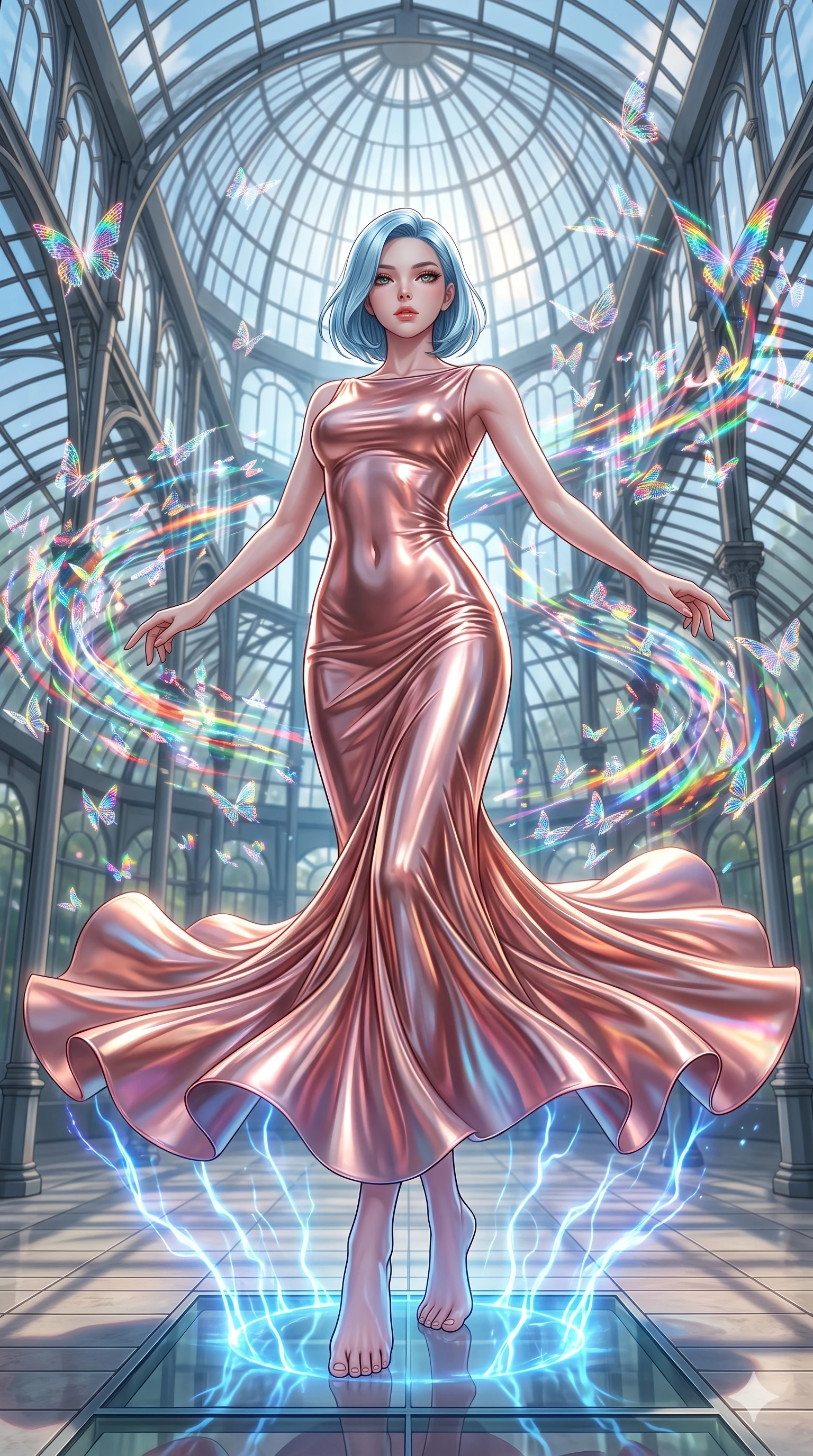 score_9, masterpiece, best quality, ultra-detailed, high-budget anime keyframe, editorial fashion photography, tasteful artistic composition, Korean woman. low angle full-body shot from head to toe showing her feet, filling the entire 9:16 vertical frame with her statuesque presence, stretching her vertical silhouette. dancing with weightless grace through a soaring glass conservatory filled with thousands of holographic butterflies made of pure structured light their wings projecting miniature rainbow patterns as they flutter in organized swarms. She has a statuesque 8.5-heads proportion, an exceptionally tall, slender and willowy model-like build with impossibly long legs and a highly sculpted ultra-slim waist. sharp v-shaped jawline, high-bridge nose, intricate jewel-like eyes with depth, thick eyelashes, glossy lips with a natural sheen. wearing a liquid metallic rose gold evening gown with a high boat neckline, flowing like liquid metal along her statuesque slender frame. pulsing electric blue plasma arc lighting rising dramatically from below. 2k, ultra detail, master piece, 9:16 ratio