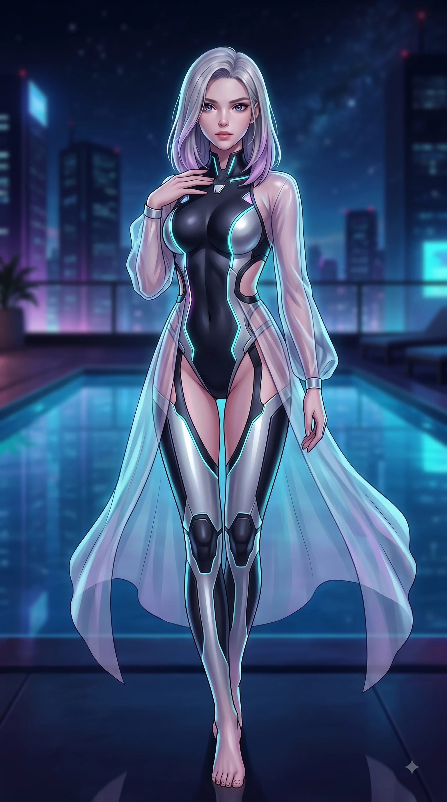 score_9, masterpiece, best quality, ultra-detailed, high-budget anime keyframe, editorial fashion photography, tasteful artistic composition, Caucasian woman. close-up cowboy shot from the waist and thighs up, the character dominates the composition, filling the frame with her large presence, background elements kept in soft focus. Pivoting her torso in an alluring S-curve alignment, one hand gently tracing her collarbone with poise while stepping along a private pool terrace as gentle night breezes flutter her translucent gossamer gown, still pool water reflecting her statuesque figure and the dramatic night sky flawlessly. She has an exceptionally elegant, slender, and willowy female figure with an ultra-slim waist, a gracefully sculpted slender torso, and a refined silhouette. sharp v-shaped jawline, high-bridge nose, intricate jewel-like eyes with depth, thick eyelashes, glossy lips with a natural sheen, flawlessly proportioned anatomical accuracy, natural body alignment, perfectly sculpted elegant limbs, clean dynamic posture without body distortion. wearing a skin-tight cybernetic bodysuit with glowing neon seams and side cutouts in matte black and polished silver, formed from sleek second-skin neoprene, complemented by criss-cross back straps highlighting her bare shoulders, the form-contouring material highlighting her ultra-slim waist and long lines. surrounded by a cozy, intimate glow with smooth high-contrast stereoscopic depth. highly saturated vibrant anime colors, detailed shading with soft gradients, rich glossy textures, high-contrast stereoscopic depth, volumetric dynamic lighting, master piece, 9:16 ratio