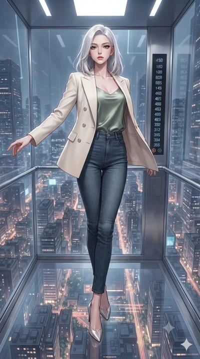 score_9, masterpiece, best quality, ultra-detailed, high-budget anime keyframe, editorial fashion photography, tasteful artistic composition, Korean woman. low angle full-body shot from head to toe showing her feet, filling the entire 9:16 vertical f