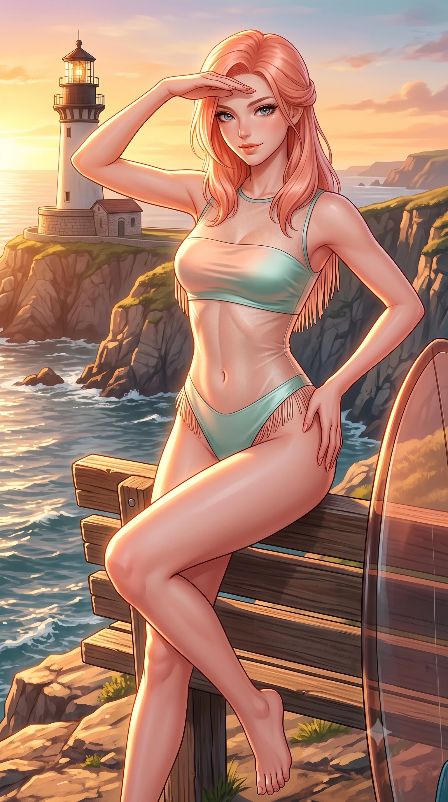 score_9, masterpiece, best quality, ultra-detailed, high-budget anime keyframe, semi-realistic 3D game render, editorial fashion photography, tasteful artistic composition, Japanese woman. close-up cowboy shot from the waist and thighs up, the character dominates the composition, filling the frame with her large presence. tilting her head with a teasing half-smile, running one hand slowly down the side of her hip in a flirtatious S-curve as ambient light caresses her silhouette while perched sideways on the cliff lookout bench with legs crossed, one hand shading her eyes with effortless Balearic allure. The surrounding environment is rendered in vivid detail and crisp panoramic clarity: detailed strapless bandage top cling, sun-warmed skin glow, and historic lighthouse architecture in high resolution. She has an exceptionally elegant, slender, and willowy female figure with an ultra-slim waist, flat toned midriff, narrow ribcage, and sculpted feminine hips creating an alluring, slim hourglass silhouette without bulk. sharp v-shaped jawline, high-bridge nose, sparkling eyes with hypnotic seductive depth, thick curled eyelashes, glossy parted lips with a natural dewy peach sheen, alluring bedroom-eyes with an enchanting coquettish smile, exuding magnetic siren charisma and sophisticated glamour, flawlessly proportioned anatomical accuracy, strict slender model proportions, natural body alignment, perfectly sculpted long slender limbs, ultra-slim waistline, clean dynamic posture without body distortion. wearing a provocative sheer illusion mesh western bodysuit with fringe trim layered over an opaque bandeau and briefs in pastel peach blossom and Aegean seafoam green, crafted from fluid liquid silk satin that clings smoothly to every curve with a dewy sheen, accented with a custom high-gloss tinted surfboard held lightly with one hand, the second-skin tailored fabric adhering flawlessly to her sculpted flat midriff and slender torso, emphasizing her long leg lines and perfectly proportioned willowy build. bathed in molten golden hour sunset light flooding horizontally across the sea cliffs. highly saturated vibrant anime colors, detailed shading with soft gradients, rich glossy textures, high-contrast stereoscopic depth, volumetric dynamic lighting, master piece, 9:16 ratio
