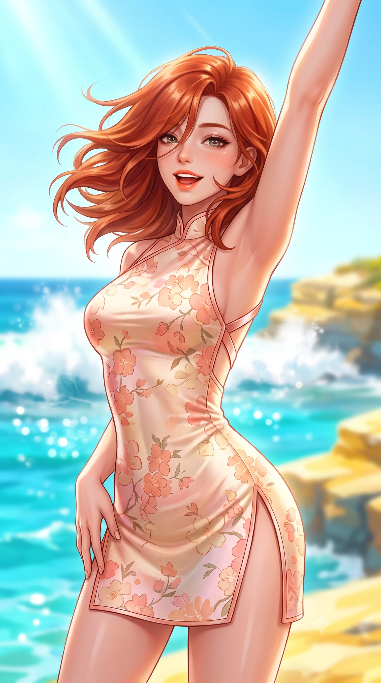 score_9, masterpiece, best quality, ultra-detailed, high-budget anime keyframe, semi-realistic 3D game render, editorial fashion photography, tasteful artistic composition, Korean woman. close-up cowboy shot from the waist and thighs up, the character dominates the composition, filling the frame with her large presence. playfully stretching one arm overhead toward the sun, her radiant smile capturing fresh girlhood charm while her arched torso reveals an intoxicating hip contour while turning in an alluring dancer S-curve as ocean trade winds whip her hair, gazing toward crashing white surf with parted glossy lips. The composition keeps background elements in soft focus with dreamy creamy bokeh. glittering turquoise Bondi ocean waters, white breaking surf, and yellow sandstone cliffs blurred into cyan, sapphire, and gold bokeh. She has an exceptionally elegant, slender, and willowy female figure with an ultra-slim waist, flat toned midriff, narrow ribcage, and sculpted feminine hips creating an alluring, slim hourglass silhouette without bulk. sharp v-shaped jawline, high-bridge nose, intricate jewel-like sparkling eyes with depth, thick eyelashes, glossy parted lips with a natural peach sheen, bright cheerful beaming smile with an enchanting and coquettish sensual glint, exuding both youthful cute charm and seductive allure, flawlessly proportioned anatomical accuracy, strict slender model proportions, natural body alignment, perfectly sculpted long slender limbs, ultra-slim waistline, clean dynamic posture without body distortion. wearing a modern cute qipao mini dress with double side slits ascending to the hip in pastel floral silk in pastel peach blossom pink and warm champagne ivory, crafted from soft cozy cashmere yarn with an airy drape, finished with criss-cross back satin straps highlighting her graceful shoulder blades, the glove-like silhouette tightly following the natural contour of her hips and long slender legs with youthful 8.5-heads elegance. bathed in brilliant Australian coastal sunshine and radiant turquoise water bounce fill. highly saturated vibrant anime colors, detailed shading with soft gradients, rich glossy textures, high-contrast stereoscopic depth, volumetric dynamic lighting, master piece, 9:16 ratio