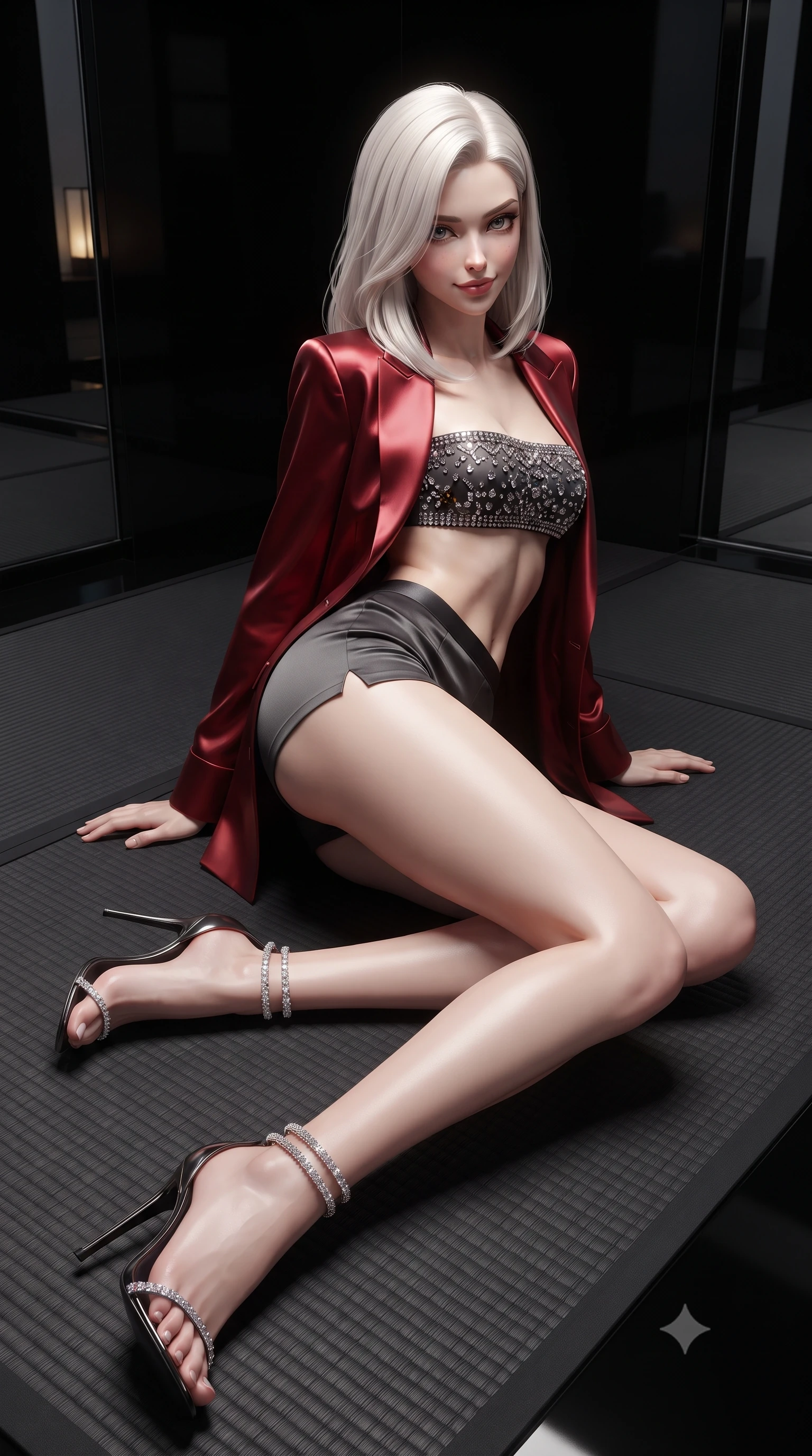 score_9, masterpiece, best quality, ultra-detailed, high-budget anime keyframe, editorial fashion photography, tasteful artistic composition, Caucasian woman. low angle full-body shot from head to toe showing her feet, filling the entire 9:16 vertical frame with her statuesque presence, stretching her vertical silhouette. stepping slowly toward the camera with hypnotic grace, hips swaying in an alluring sensual rhythm that accentuates her curvy hourglass silhouette and long slender legs while kneeling gracefully on the matte black washi tatami with hips angled back, arching her spine with seductive traditional-modern allure. The surrounding environment is rendered in vivid detail and crisp panoramic clarity: sharp textured weave of black washi tatami mats, high-gloss piano-black lacquer reflections, and glass facade joint clarity in deep focus. She has an absolutely perfect, statuesque 8.5-heads proportion, an exceptionally tall and slender model-like female figure with impossibly long slender legs, an ultra-slim waist, a flat toned midriff, narrow delicate ribcage, and beautifully sculpted feminine hips creating a graceful, slim hourglass silhouette without any bulky heaviness. sharp v-shaped jawline, high-bridge nose, sparkling eyes with hypnotic seductive depth, thick curled eyelashes, glossy parted lips with a natural dewy peach sheen, alluring bedroom-eyes with an enchanting coquettish smile, exuding magnetic siren charisma and sophisticated glamour, flawlessly proportioned anatomical accuracy, strict slender model proportions, natural body alignment, perfectly sculpted long slender limbs, ultra-slim waistline, clean dynamic posture without body distortion. wearing a tailored open-front satin smoking jacket worn over a jewel-embellished bandeau and micro-shorts in rich cherry lacquer and smoky charcoal, crafted from fluid liquid silk satin that clings smoothly to every curve with a dewy sheen, complemented by strappy stiletto sandals with crystal ankle wraps accentuating her slender calves, the glove-like clinging cut tightly following the natural contour of her hips and long slender legs with youthful 8.5-heads elegance. illuminated by black lacquer reflection bounce and sharp platinum-gold rim lights sculpting her jawline, narrow waist, and curvy hips. ultra-reflective glossy finish, specular highlights, rich textural contrasts, high-contrast stereoscopic depth, volumetric dynamic lighting, 2k, ultra detail, master piece, 9:16 ratio