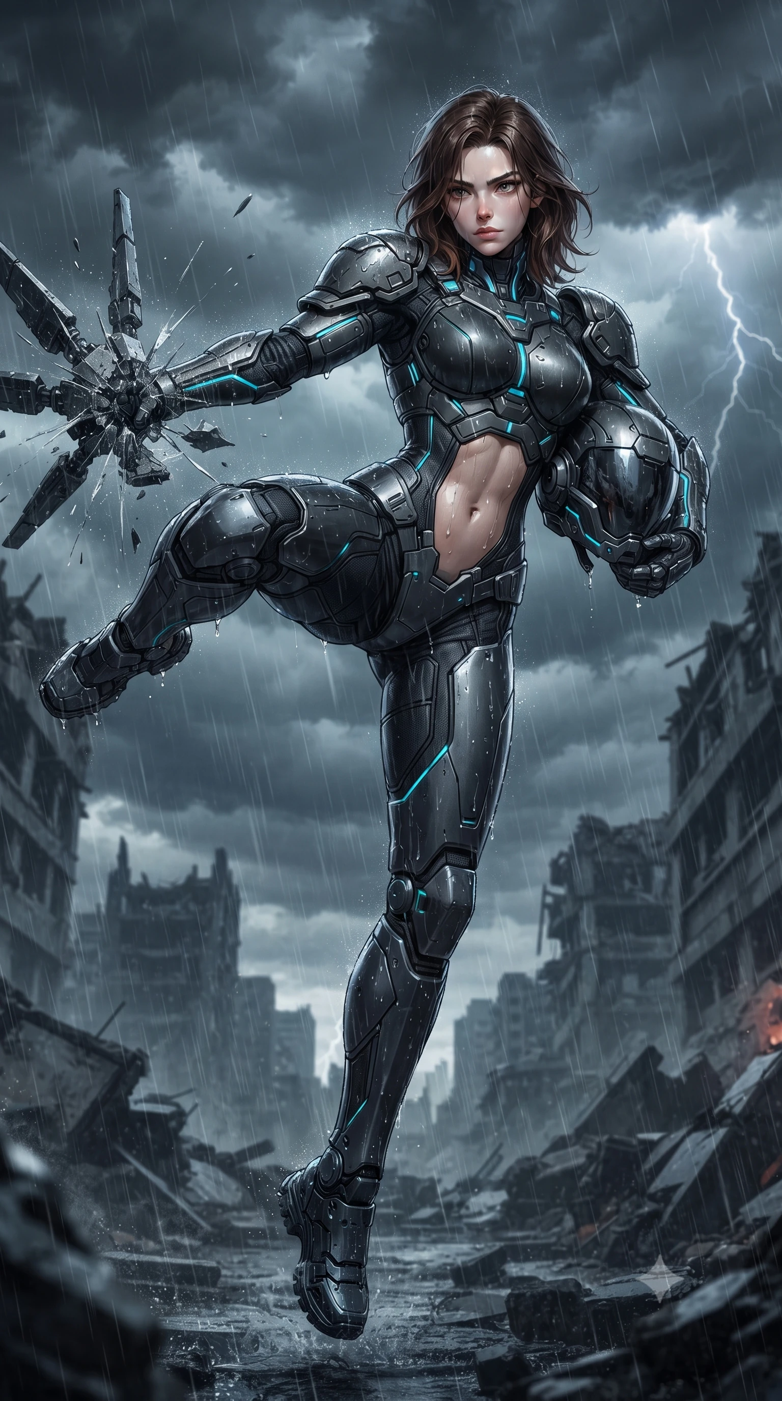 score_9, masterpiece, best quality, ultra-detailed, high-budget anime keyframe, editorial fashion photography, tasteful artistic composition, Korean woman. low angle full-body shot from head to toe showing her feet, filling the entire 9:16 vertical frame with her statuesque presence, stretching her vertical silhouette. striding forward with sovereign warrior elegance in a low, predatory combat advance through the ruins, hips swaying with fierce athletic poise while delivering a high-velocity flying side-kick that shatters a defense drone mid-air against the stormy clouds. The surrounding environment is rendered in vivid detail and crisp panoramic clarity. sharp eyes and facial expression clearly visible beneath the visor, cable joints, and lightning in high clarity. She has an absolutely perfect, statuesque 8.5-heads proportion, an exceptionally tall and slender model-like female figure with impossibly long slender legs, a toned flat midriff, and an ultra-slim waist. sharp v-shaped jawline, high-bridge nose, intricate jewel-like eyes with depth, thick eyelashes, glossy lips with a natural sheen, fierce and resolute heroine expression, flawlessly proportioned anatomical accuracy, strict slender model proportions, natural body alignment, perfectly sculpted long slender limbs, ultra-slim waistline, clean dynamic posture without body distortion. holding a modular carbon battle-helmet under one arm, her flawless face and sculpted neck exposed to the rain with determined warrior focus, paired with a statuesque high-fashion cyber-warrior armor suit with platinum bevels, heavy articulated shoulder guards, and an ultra-slim waist-cinching corset in matte battle-worn obsidian carbon with electric cyan hazard conduits, crafted from semi-translucent cybernetic carbon-vinyl interwoven with glowing micro-filaments, detailed with kinetic shock-dampening knuckle guards and polished chrome connection joints, the sleek second-skin cut tightly hugging her graceful clavicle, narrow waist, and feminine curves with athletic precision. illuminated by crisp specular highlights tracing her sculpted flat midriff, bare spine, and slender limbs. ultra-reflective glossy finish, specular highlights, dark metallic sheen, high-contrast stereoscopic depth, volumetric dynamic lighting, 2k, ultra detail, master piece, 9:16 ratio