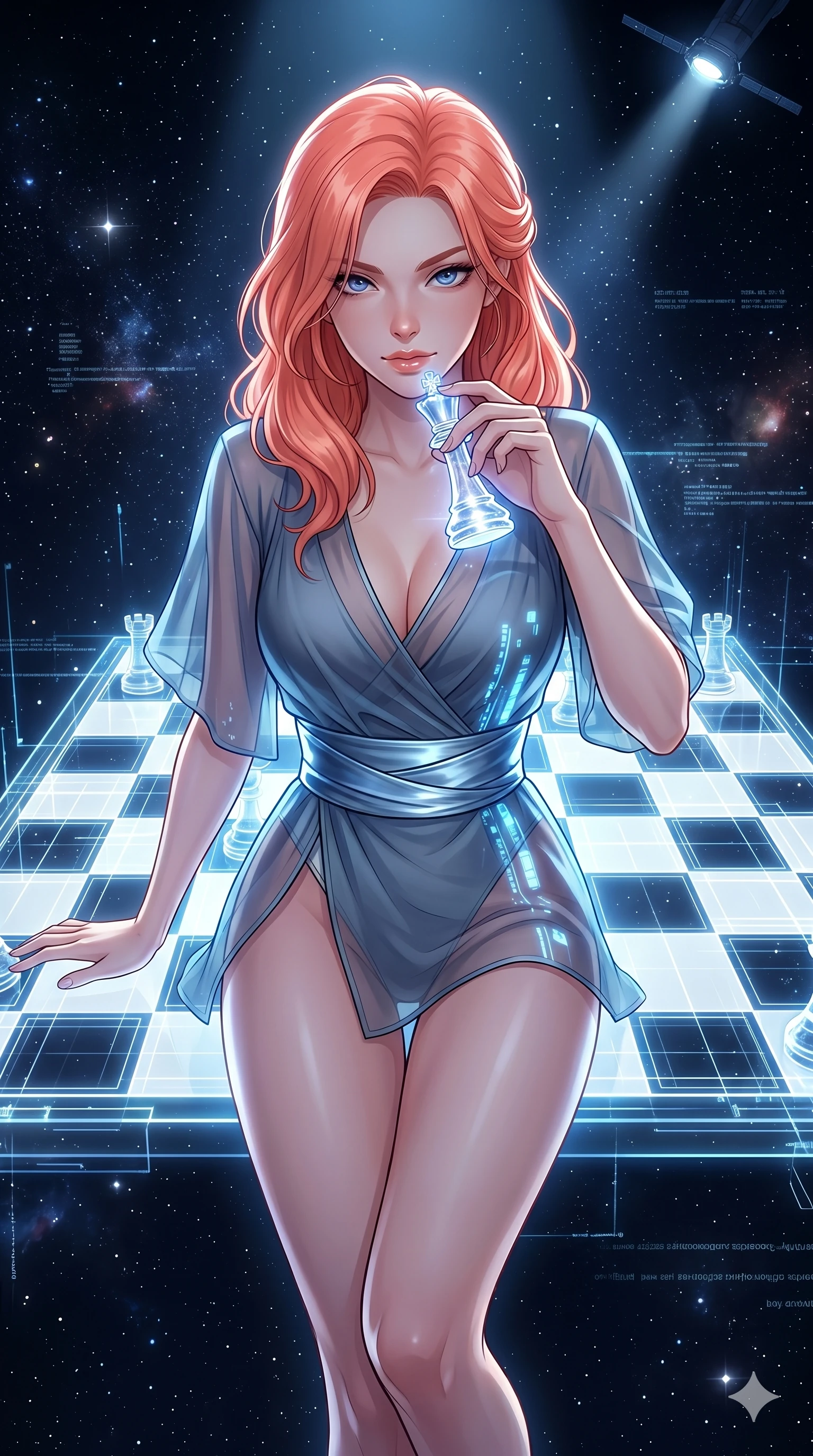 score_9, masterpiece, best quality, ultra-detailed, high-budget anime keyframe, Japanese woman. Upper body close-up from the thighs up, character filling the screen for maximum presence. She is leaning over a giant glowing glass chess board floating in space. She holds a crystal queen piece near her lips, looking at the camera with a teasing, competitive smolder. She has an absolutely perfect 8-heads proportion, an exceptionally tall and slender female figure with impossibly long slender legs and an ultra-slim waist. V-shaped jawline, high-bridge nose, intricate jewel-like eyes with depth, thick eyelashes, glossy lips with a natural sheen. She is wearing a shortened cyber-fusion wrap top with transparent chiffon panels, a deep crossover neckline, and a high-waisted metallic sash that accentuates her ultra-slim waist. The scene is illuminated by the board's white and blue grids and a sharp overhead spotlight. 2k, ultra detail, master piece, 9:16 ratio