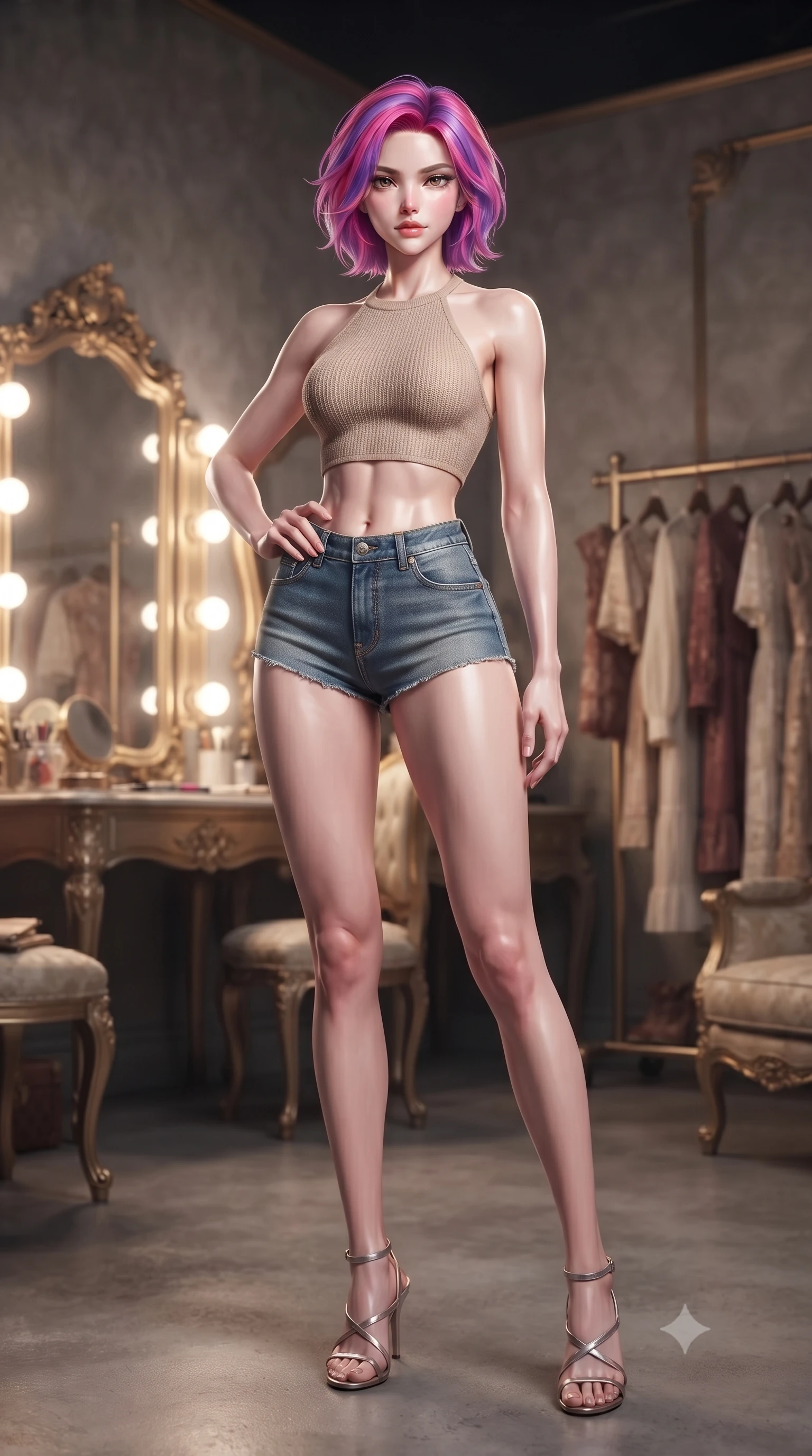 score_9, masterpiece, best quality, ultra-detailed, high-budget anime keyframe, editorial fashion photography, tasteful artistic composition, Caucasian woman. low angle full-body shot from head to toe showing her feet, filling the entire 9:16 vertical frame with her statuesque presence, stretching her vertical silhouette. posing confidently with one hand on her hip, stretching her statuesque body to emphasize her curves the background shows a soft-focus the backstage lounge of an opera house with gold mirrors and vintage costume racks. She has an absolutely perfect, statuesque 8.5-heads proportion, an exceptionally tall and slender model-like female figure with impossibly long slender legs and an ultra-slim waist. sharp v-shaped jawline, high-bridge nose, intricate jewel-like eyes with depth, thick eyelashes, glossy lips with a natural sheen. wearing a body-hugging chic knit halter crop top paired with denim micro-shorts, showing her delicately sculpted midriff. bright vanity spotlights casting detailed front lighting with soft back shadow. ultra-reflective glossy finish, specular highlights, metallic sheen, high-contrast stereoscopic depth, volumetric dynamic lighting, 2k, ultra detail, master piece, 9:16 ratio