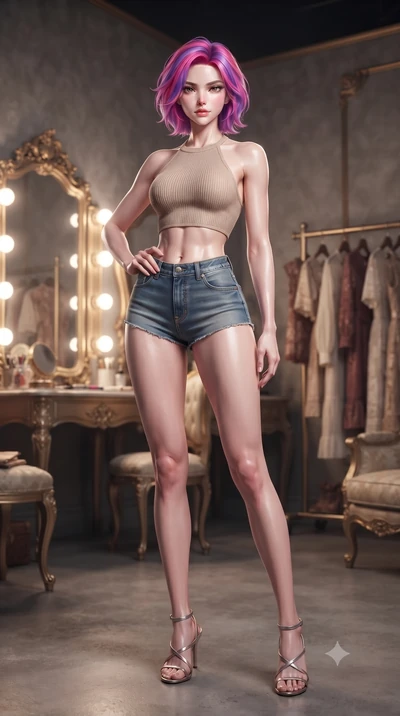 score_9, masterpiece, best quality, ultra-detailed, high-budget anime keyframe, editorial fashion photography, tasteful artistic composition, Caucasian woman. low angle full-body shot from head to toe showing her feet, filling the entire 9:16 vertica