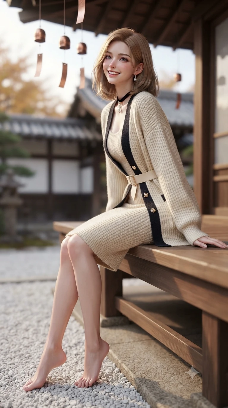 score_9, masterpiece, best quality, ultra-detailed, high-budget anime keyframe, editorial fashion photography, tasteful artistic composition, Korean woman. low angle full-body shot from head to toe showing her feet, filling the entire 9:16 vertical frame with her statuesque presence, stretching her vertical silhouette. executing an elegant pivot turn as the hem of her form-fitting knit sways rhythmically, glancing back with joyful radiance and seductive allure while sitting gracefully on the polished cypress wood engawa veranda, legs turned demurely to the side, smiling with gentle Kyoto serenity. The background shows a soft-focus traditional cedar eaves and hanging copper wind chimes softened in timeless autumn temple sanctuary shallow focus. She has an exceptionally tall and slender model-like 8.5-heads proportion, an ultra-slim waist, a flat toned midriff, narrow delicate ribcage, and beautifully sculpted feminine hips creating a graceful, slim hourglass silhouette without any bulky heaviness, with impossibly long slender legs. sharp v-shaped jawline, high-bridge nose, intricate jewel-like sparkling eyes with depth, thick eyelashes, glossy parted lips with a natural peach sheen, bright cheerful beaming smile with an enchanting and coquettish sensual glint, exuding both youthful cute charm and seductive allure, flawlessly proportioned anatomical accuracy, strict slender model proportions, natural body alignment, perfectly sculpted long slender limbs, ultra-slim waistline, clean dynamic posture without body distortion. wearing a form-fitting plush chenille knit bodycon dress hugging her torso and hips, layered with a belted open wool cardigan in gilded ivory pearl and rich obsidian, woven from fine elastic rib-knit fabric tracing every millimeter of her slender torso, finished with a narrow velvet neck ribbon and a sparkling teardrop crystal pendant, the body-conscious tailored knit hugging her sculpted torso and curvaceous hips in a seamless, fluid line that highlights her statuesque model proportions. illuminated by white gravel garden bounce and warm vermilion-gold rim lights defining her delicate features, jawline, and graceful silhouette. ultra-reflective glossy finish, specular highlights, rich textural contrasts, high-contrast stereoscopic depth, volumetric dynamic lighting, 2k, ultra detail, master piece, 9:16 ratio