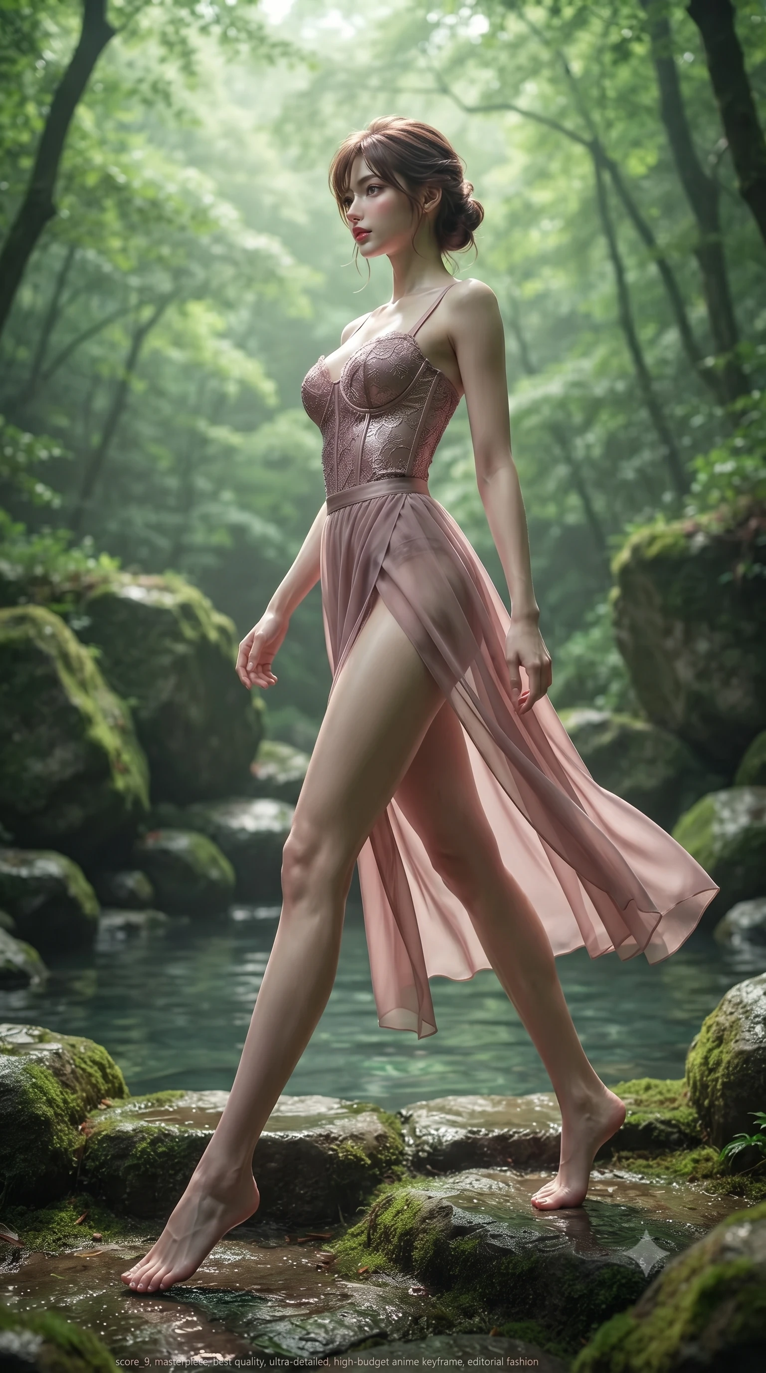 score_9, masterpiece, best quality, ultra-detailed, high-budget anime keyframe, editorial fashion photography, tasteful artistic composition, Korean woman woman. low angle full-body shot from head to toe showing her feet, filling the entire 9:16 vertical frame with her statuesque presence, stretching her vertical silhouette. stepping gracefully while looking back over her shoulder, her dress draped tightly to reveal her silhouette the background shows a soft-focus a natural stone pool surrounded by mossy rocks and tall trees in a private estate. She has an absolutely perfect, statuesque 8.5-heads proportion, an exceptionally tall and slender model-like female figure with impossibly long slender legs and an ultra-slim waist. sharp v-shaped jawline, high-bridge nose, intricate jewel-like eyes with depth, thick eyelashes, glossy lips with a natural sheen. wearing a slim-fit delicate lace corset-style bustier top in dusty rose, paired with a sheer chiffon wrap skirt. soft diffused green light filtering through the dense forest canopy. ultra-reflective glossy finish, specular highlights, metallic sheen, high-contrast stereoscopic depth, volumetric dynamic lighting, 2k, ultra detail, master piece, 9:16 ratio