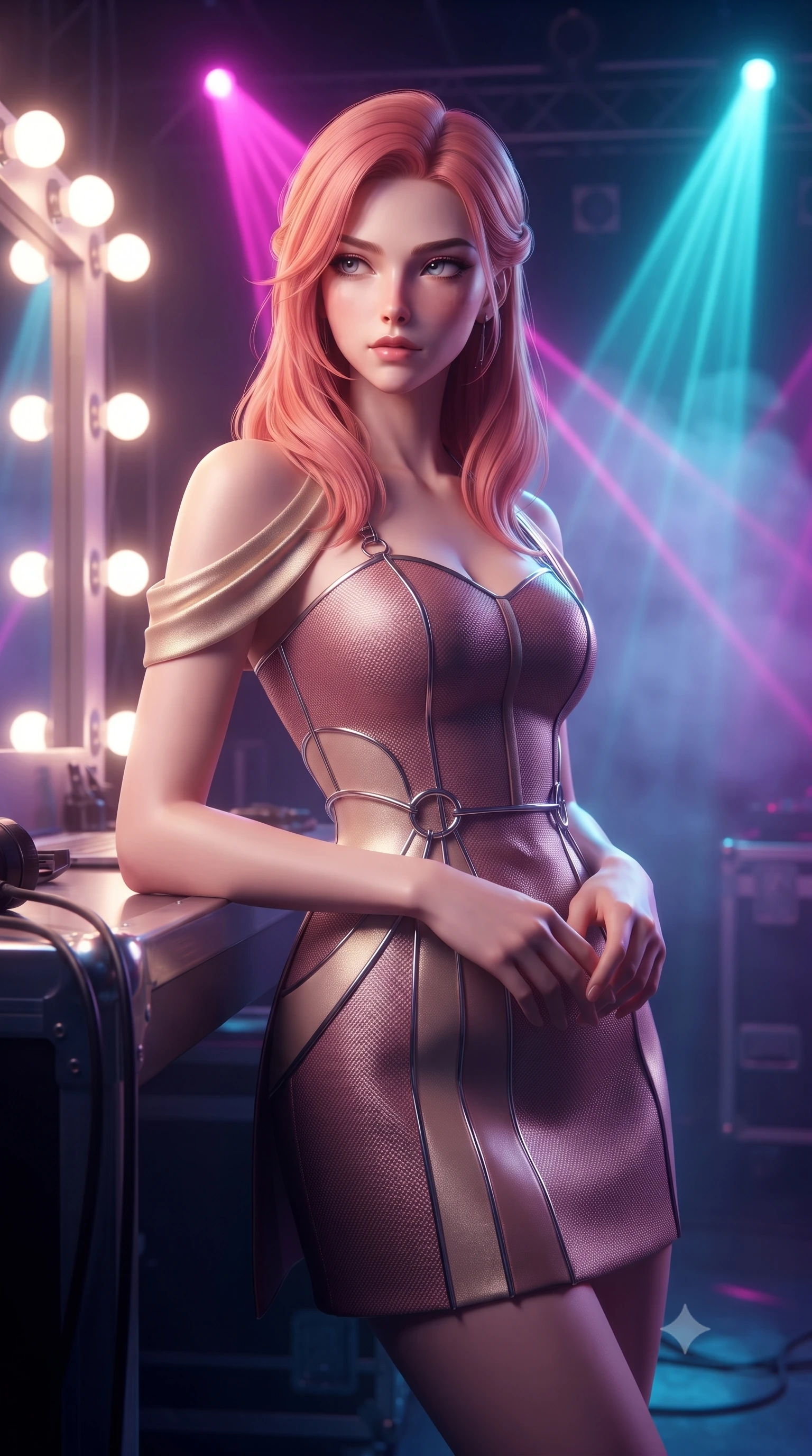 score_9, masterpiece, best quality, ultra-detailed, high-budget anime keyframe, editorial fashion photography, tasteful artistic composition, Japanese woman. close-up cowboy shot from the waist and thighs up, the character dominates the composition, filling the frame with her large presence, background elements kept in soft focus. Gazing past the camera with an air of effortless elegance and mysterious confidence resting backstage near a glowing mirror vanity filled with stage lights, intense volumetric laser beams cutting through stage fog in magenta and cyan. She has an exceptionally elegant, slender, and willowy female figure with an ultra-slim waist, a gracefully sculpted slender torso, and a refined silhouette. sharp v-shaped jawline, high-bridge nose, intricate jewel-like eyes with depth, thick eyelashes, glossy lips with a natural sheen. wearing a modern fusion silk hanbok dress with a structured bodice in dusty rose and champagne gold, made of fine carbon-fiber weave and soft matte leather, accented with delicate chrome ring hardware framing her waist, the elegant draped fit framing her graceful clavicle and slender torso. bathed in intense volumetric stage spotlights and vivid neon rim lights. ultra-reflective glossy finish, specular highlights, metallic sheen, high-contrast stereoscopic depth, volumetric dynamic lighting, 2k, ultra detail, master piece, 9:16 ratio