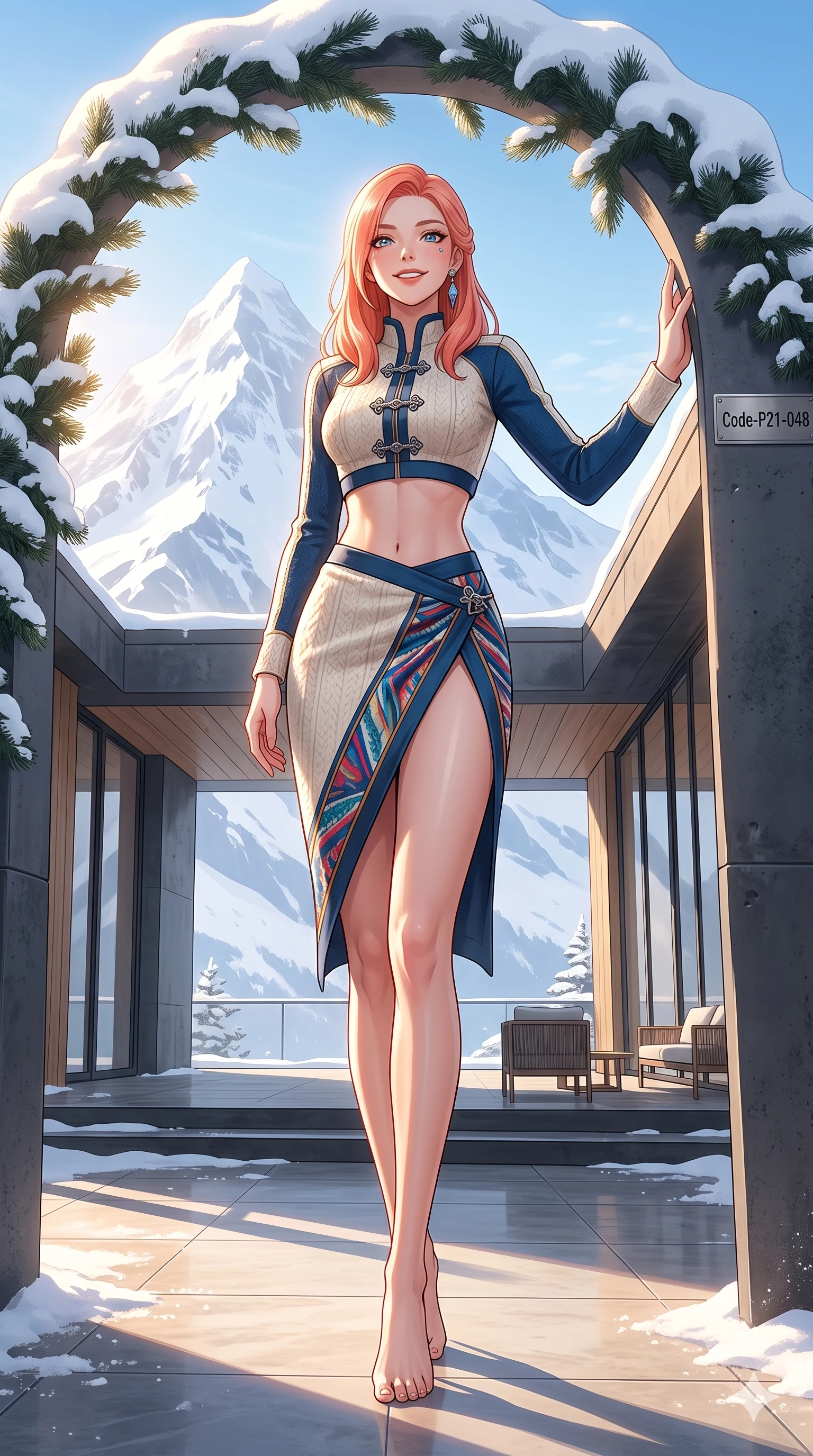 score_9, masterpiece, best quality, ultra-detailed, high-budget anime keyframe, vibrant anime aesthetic, Japanese woman. low angle full-body shot from head to toe showing her feet, filling the entire 9:16 vertical frame with her statuesque presence, stretching her vertical silhouette. She is posing with a radiant, confident smile, resting one hand on a snow pine arch inside a modern minimalist villa patio facing the snow peak (Code-P21-048). She has an absolutely perfect 8-heads proportion, an exceptionally tall and slender female figure with impossibly long slender legs and an ultra-slim waist. V-shaped jawline, high-bridge nose, intricate jewel-like eyes with depth, thick eyelashes, glossy lips with a natural sheen. wearing a modern fusion top with an exposed waist and a high-slit wrap skirt in snow. She is bathed in a luminous, warm sunshine highlighting her winter silhouette and features. 2k, ultra detail, master piece, 9:16 ratio