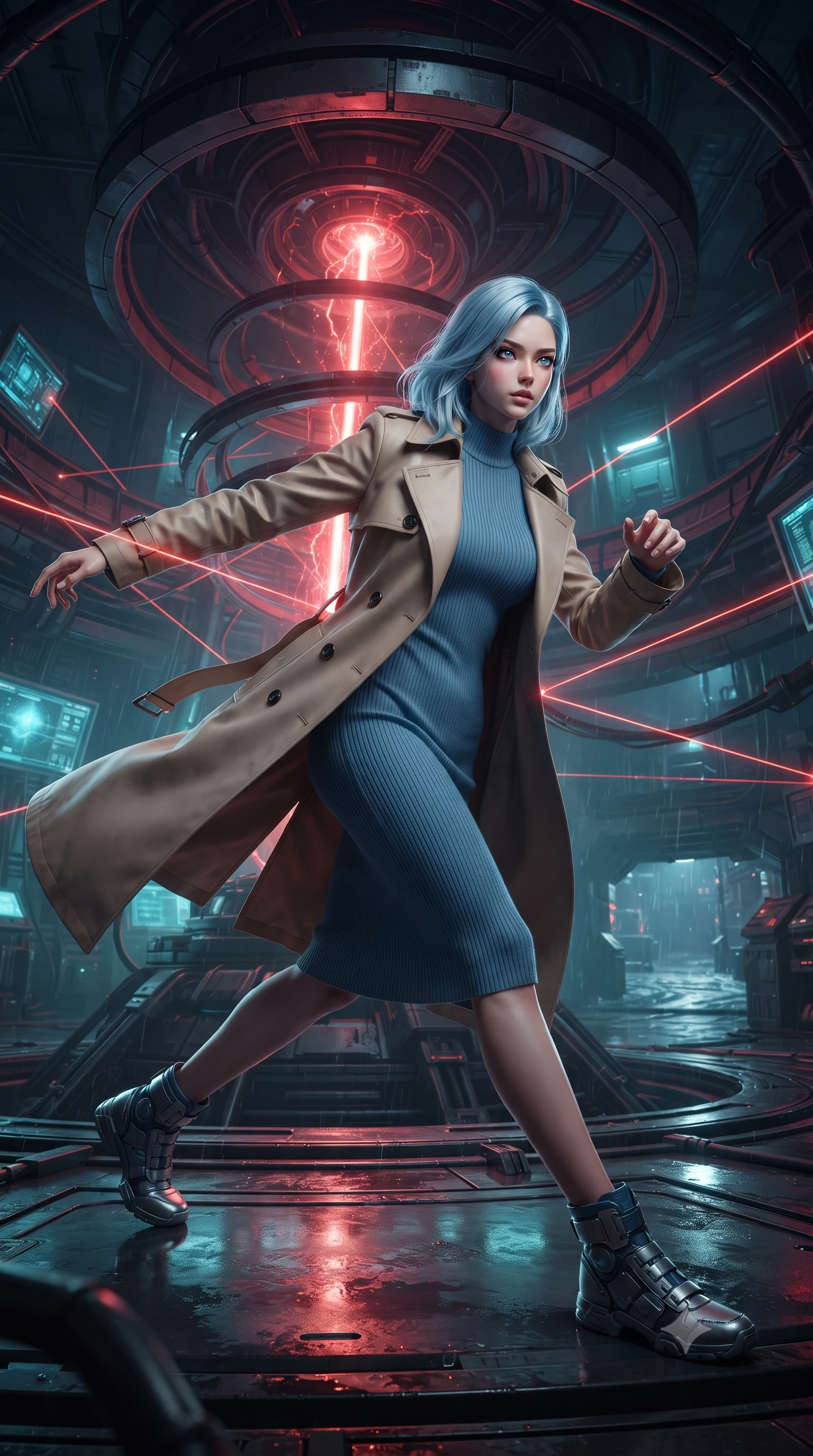 score_9, masterpiece, best quality, ultra-detailed, high-budget anime keyframe, editorial fashion photography, tasteful artistic composition, realistic cosplay photography, Korean woman. low angle full-body shot from head to toe showing her feet, filling the entire 9:16 vertical frame with her statuesque presence, stretching her vertical silhouette. dashing through rain-slicked cyberpunk alleyways, dodging laser tripwires with fluid agility through inside a super-weapon chamber, a massive red laser beam gathering energy in the center of rotating metal rings. She has a statuesque 8.5-heads proportion, an exceptionally tall, slender and willowy model-like build with impossibly long legs and a highly sculpted ultra-slim waist. sharp v-shaped jawline, high-bridge nose, intricate jewel-like eyes with depth, thick eyelashes, glossy lips with a natural sheen. wearing catching and diffusing the glowing particles, shimmering softly in response to the surrounding light, a body-hugging classic double-breasted beige trench coat layered over a French blue mock-neck ribbed midi dress. soft aqua bioluminescent light making her skin luminously glow against darkness. ultra-reflective glossy finish, specular highlights, metallic sheen, high-contrast stereoscopic depth, volumetric dynamic lighting, 2k, ultra detail, master piece, 9:16 ratio