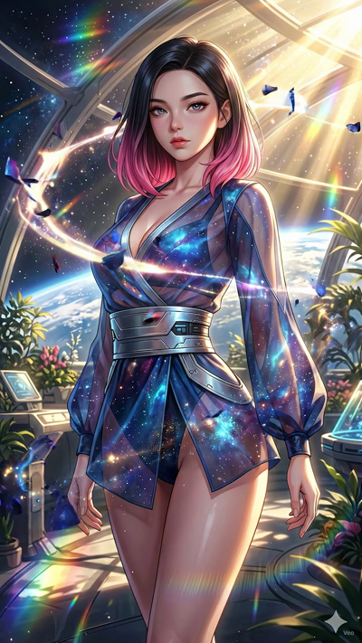 A high-budget anime video with dynamic particle motion. The digital fragments and glowing shards floating around the character pulse and flow in a fluid, circular pattern. The camera slowly zooms in with a slight tilt. Rainbow lens flares and volumet