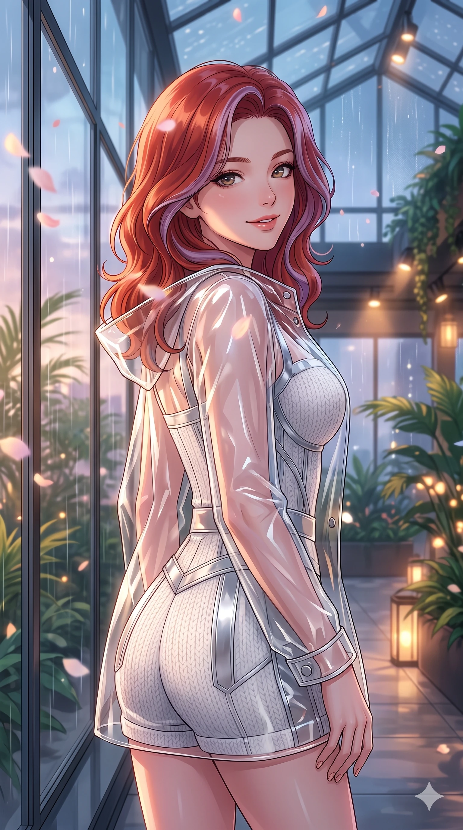 score_9, masterpiece, best quality, ultra-detailed, high-budget anime keyframe, vibrant anime aesthetic, Caucasian woman, strictly human ears. close-up cowboy shot from the waist and thighs up, the character dominates the composition, filling the frame with her large presence, background elements kept in soft focus. She is posing near glass greenhouse panels, smiling delightfully over her shoulder, gazing softly at the camera lens surrounded by delicate flower petals. the background shows a soft-focus modern glass atrium of a hotel lobby filled with tropical plants and warm spotlights, looking at a rain shower (Code-P22-198). She has an absolutely perfect proportion, an exceptionally elegant and slender female figure with an ultra-slim waist. V-shaped jawline, high-bridge nose, intricate jewel-like eyes with depth, thick eyelashes, glossy lips with a natural sheen. wearing a translucent patent-gloss top over a white textured knit structured bodice and knit shorts in silver metallic and translucent gloss. She is bathed in soft twilight glow mixed with warm lantern lights, highlighting her V-shaped jawline under the glass dome roof. 2k, ultra detail, master piece, 9:16 ratio