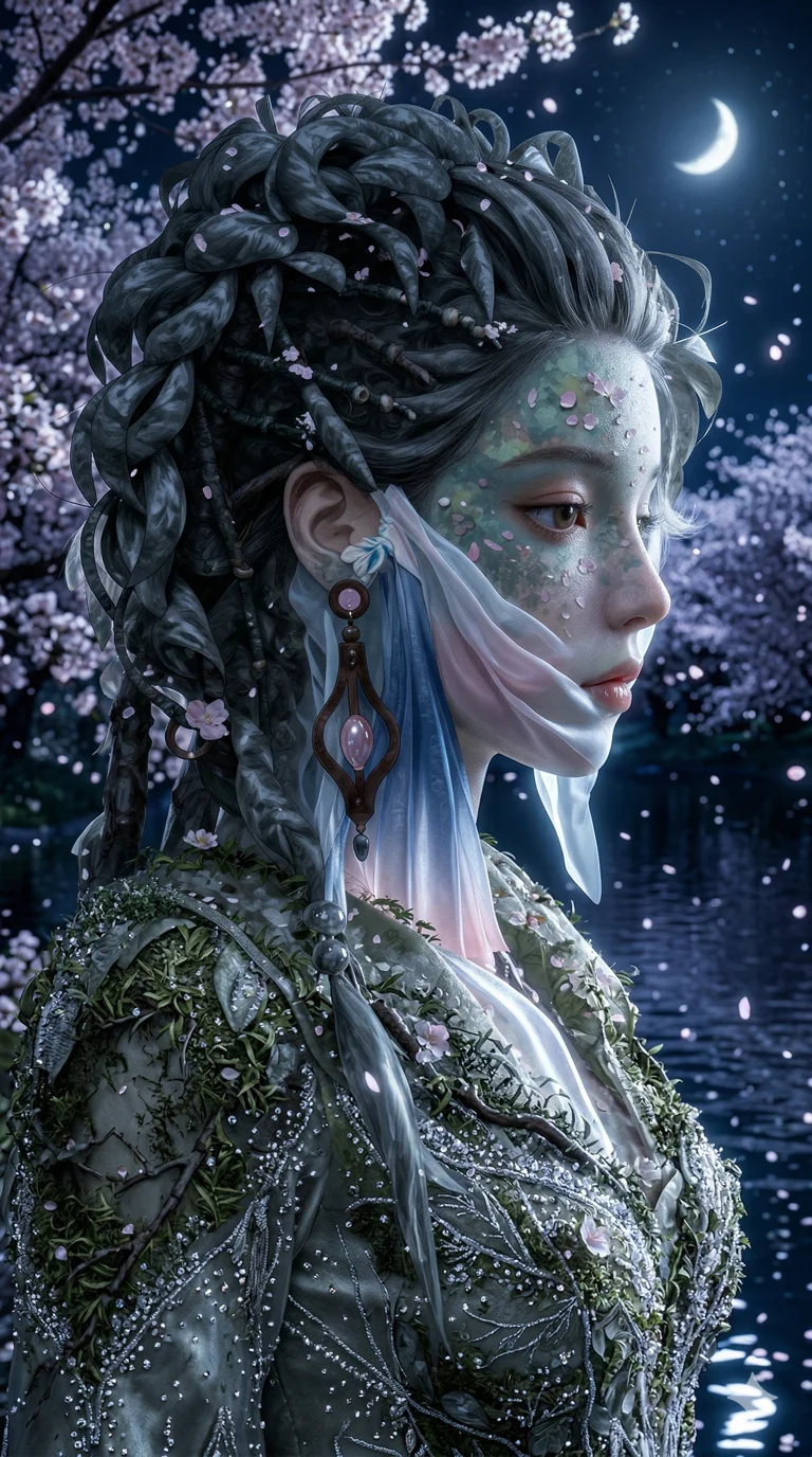 이 장면을 몽환적인 밤의 벚꽃 실사 사진 스타일로 변환해줘. 달빛을 받아 반짝이는 드레스와 여성 캐릭터의 우아한 옆모습을 아름답게 그려줘, 2k, ultra detail, master piece, 9:16 ratio