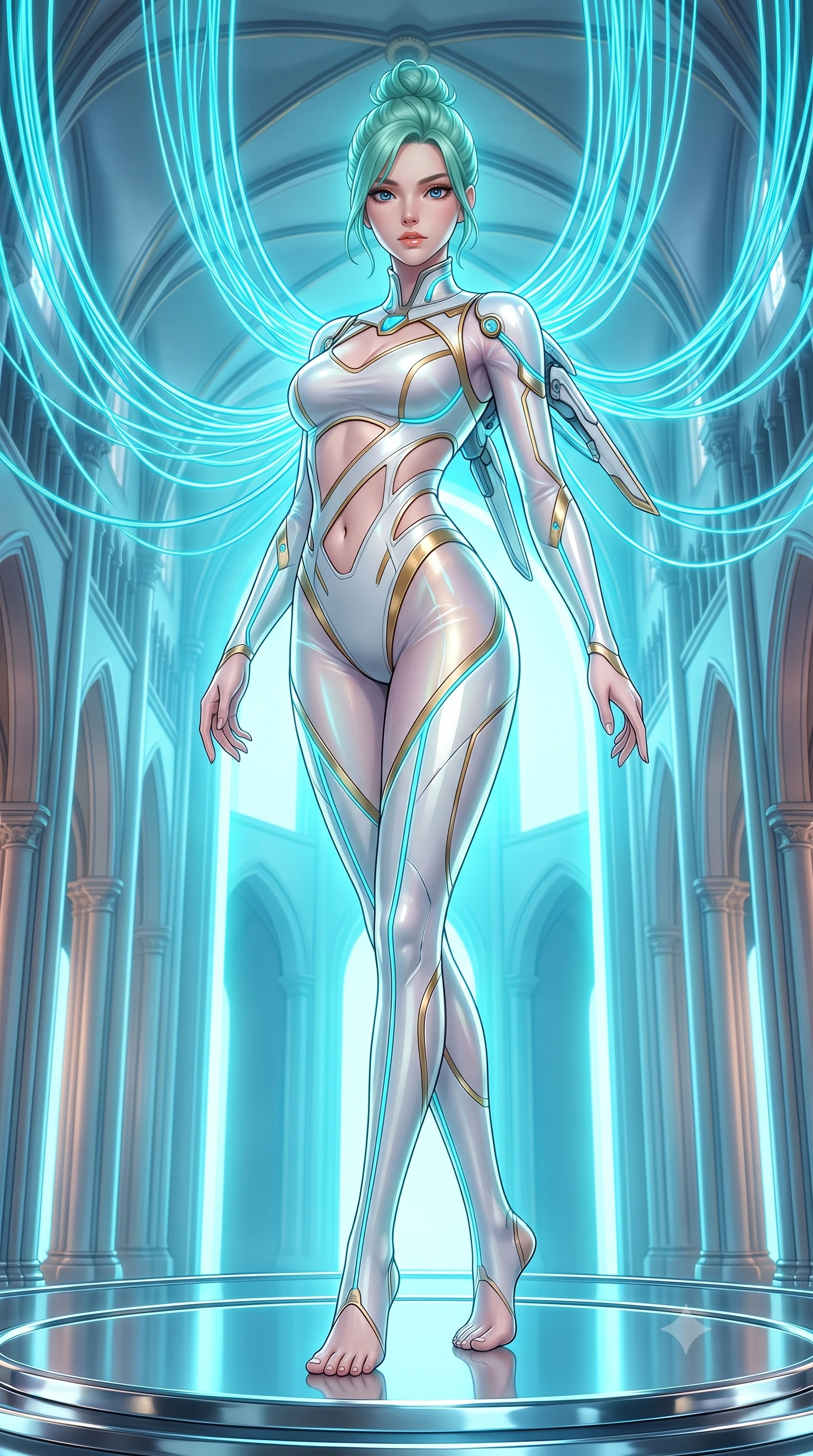 score_9, masterpiece, best quality, ultra-detailed, high-budget anime keyframe, semi-realistic 3D game render, editorial fashion photography, tasteful artistic composition, Japanese woman. low angle full-body shot from head to toe showing her feet, filling the entire 9:16 vertical frame with her statuesque presence, stretching her vertical silhouette. arching her spine in a fluid zero-gravity turn with sovereign grace, her long slender legs and sculpted torso creating a sweeping line while pivoting dynamically on a mirrored chrome dais beneath soaring arches as glowing cyan fiber-optic cables cascade from the vaulted ceiling. The surrounding environment is rendered in vivid detail and crisp panoramic clarity. crisp mechanical wing joints, glowing fiber-optic cable conduits, and cathedral vault geometry in high resolution. She has an absolutely perfect, statuesque 8.5-heads proportion, an exceptionally tall and slender model-like female figure with impossibly long slender legs, a toned flat midriff, and an ultra-slim waist. sharp v-shaped jawline, high-bridge nose, intricate jewel-like eyes with depth, thick eyelashes, glossy lips with a natural sheen, flawlessly proportioned anatomical accuracy, strict slender model proportions, natural body alignment, perfectly sculpted long slender limbs, ultra-slim waistline, clean dynamic posture without body distortion. wearing a second-skin white-and-gold high-fashion tech-bodysuit with diagonal midriff cutouts and glowing cyan fiber seams in polished mirror chrome and glowing electric cyan neon, crafted from delicate iridescent organza interwoven with luminescent micro-fibers, featuring a sleek aerodynamic collar framed by subtle glowing cybernetic accents, the liquid-tight tailored fabric emphasizing every curve of her tall, slender model proportions and sculptured silhouette during dynamic movement. bathed in brilliant neon cyan halo backlighting and polished chrome surface reflections. rich saturated anime colors with glowing neon highlights, detailed shading with soft gradients, rich glossy textures, high-contrast stereoscopic depth, volumetric dynamic lighting, master piece, 9:16 ratio