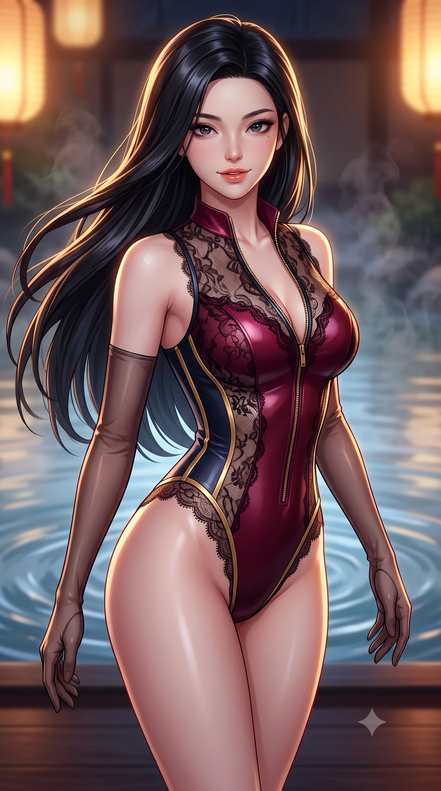 score_9, masterpiece, best quality, ultra-detailed, high-budget anime keyframe, semi-realistic 3D game render, editorial fashion photography, tasteful artistic composition, Korean woman. close-up cowboy shot from the waist and thighs up, the character dominates the composition, filling the frame with her large presence. turning slowly with an enchanting smoldering smile, her glossy hair tossing in the breeze as her hips angle gracefully in a captivating contrapposto while twisting her slender torso in an alluring S-curve, delicate rising pond steam and warm shoji paper lantern glows tracing her silhouette. The background shows a soft-focus gentle pond water ripples softened in avant-garde neo-traditional shallow focus. She has an exceptionally elegant, slender, and willowy female figure with an ultra-slim waist, flat toned midriff, narrow ribcage, and sculpted feminine hips creating an alluring, slim hourglass silhouette without bulk. sharp v-shaped jawline, high-bridge nose, sparkling eyes with hypnotic seductive depth, thick curled eyelashes, glossy parted lips with a natural dewy peach sheen, alluring bedroom-eyes with an enchanting coquettish smile, exuding magnetic siren charisma and sophisticated glamour, flawlessly proportioned anatomical accuracy, strict slender model proportions, natural body alignment, perfectly sculpted long slender limbs, ultra-slim waistline, clean dynamic posture without body distortion. wearing a form-contouring wet-look neoprene zip-front maillot with high-cut leg openings and gold racing side trims in Gion dark cherry and midnight obsidian, made of delicate semi-sheer French Chantilly lace with intricate eyelash edges, complemented by sheer opera-length evening gloves tracing her slender arms, the second-skin tailored fabric adhering flawlessly to her sculpted flat midriff and slender torso, emphasizing her long leg lines and perfectly proportioned willowy build. illuminated by lacquer floor reflection fill and sharp warm-gold rim lights sculpting her jawline, flat midriff, and voluptuous hip curves. highly saturated vibrant anime colors, detailed shading with soft gradients, rich glossy textures, high-contrast stereoscopic depth, volumetric dynamic lighting, master piece, 9:16 ratio