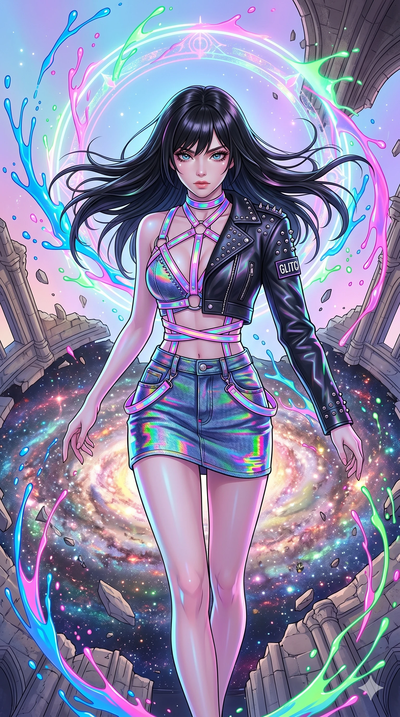 score_9, masterpiece, best quality, ultra-detailed, high-budget anime keyframe, editorial fashion photography, tasteful artistic composition, Caucasian woman, strictly human ears. upper body close-up from the thighs up, character filling the screen for maximum presence. breaking through through a celestial cathedral roofed by a revolving galaxy of stardust while streams of liquid neon paint splash and form glowing halos. She has an absolutely perfect 8-heads proportion, an exceptionally tall and slender female figure with impossibly long slender legs and an ultra-slim waist. V-shaped jawline, high-bridge nose, intricate jewel-like eyes with depth, thick eyelashes, glossy lips with a natural sheen.. wearing a glitch denim and studded leather outfit, featuring an RGB glitch pattern denim structured mini-skirt, a single-sleeve cropped leather jacket, and neon pink harness straps. enhanced by a luminous pastel spectrum glow, casting elegant rim lights on her shoulders and jawline. 2k, ultra detail, master piece, 9:16 ratio