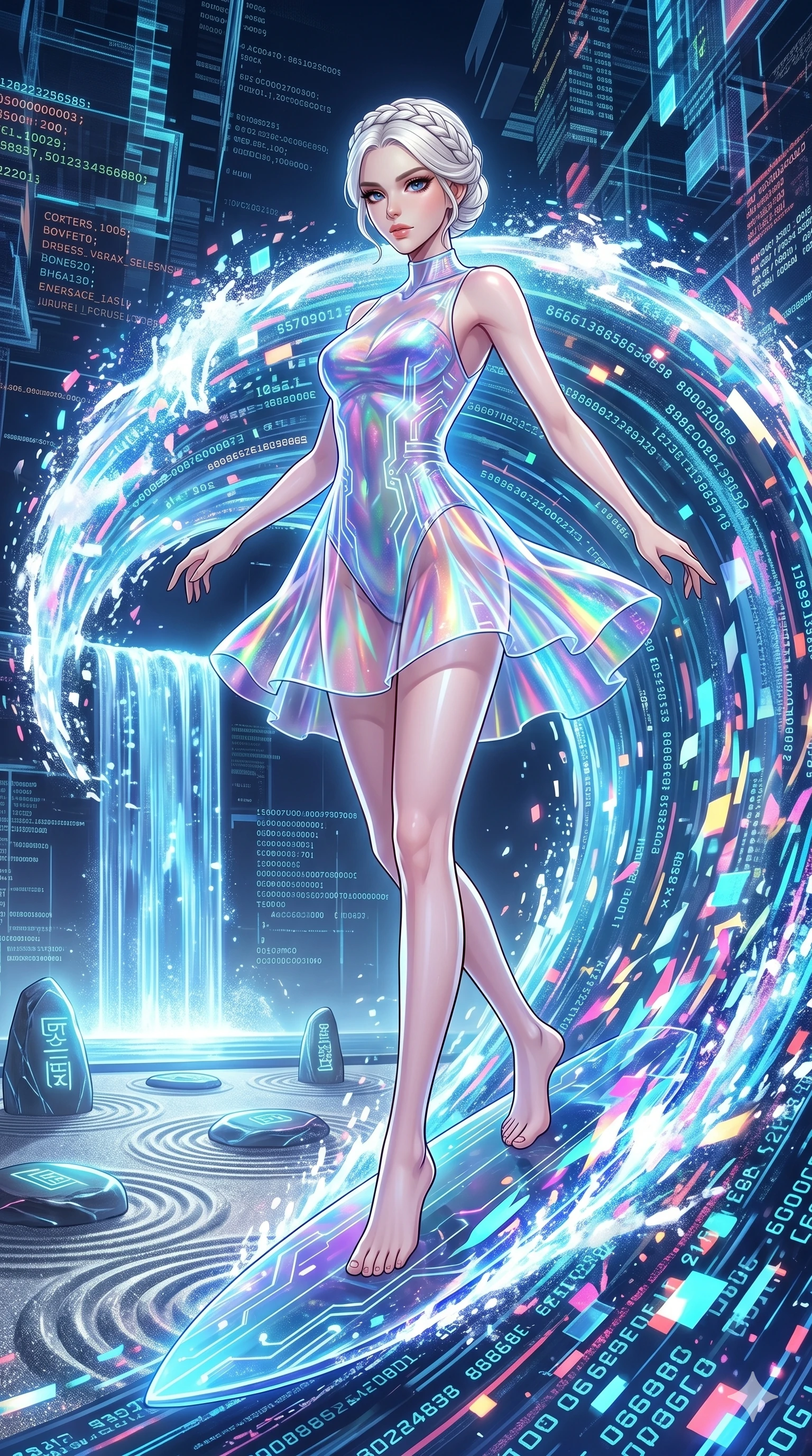 score_9, masterpiece, best quality, ultra-detailed, High-budget Anime Keyframe, vibrant colors, fluid line-art, expressive lighting, cinematic composition, Ufotable-style visual effects, top-tier animation quality, Caucasian woman with pale skin, blonde hair, and (strictly human ears). Cinematic low angle perspective showcasing her towering height and perfect 8-heads proportion. Surfing on a massive wave of pure data within a virtual world, the landscape changing rapidly as she speeds through. She has an absolutely perfect 8-heads proportion, an exceptionally tall and slender female figure with impossibly long slender legs and an ultra-slim waist, her statuesque height and towering silhouette dominating the vertical 9:16 frame. Her face is a masterpiece featuring a sharp v-shaped jawline, high-bridge nose, intricate jewel-like eyes with depth, thick eyelashes, and glossy lips with a natural sheen. She is wearing a Transparent mini-dress with glowing internal circuits and a high-cut structural leotard crafted from Holographic chiffon that changes color with every movement, creating a rainbow effect, featuring a crystalline structure that catches the light and reveals her slender frame. The scene is set in a serene Zen garden with metallic sand, glowing stones, and a holographic waterfall, illuminated by dynamic strobe effects that capture her movement in a series of sharp fragments. 2k, ultra detail, master piece, 9:16 ratio