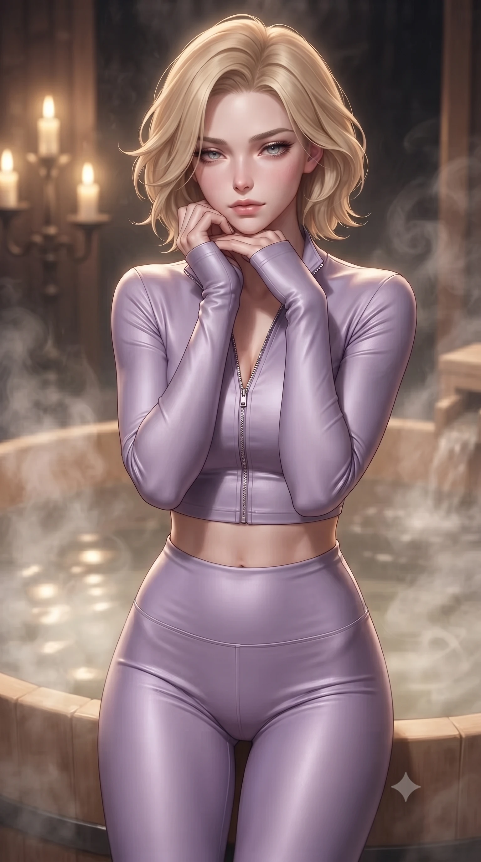 score_9, masterpiece, best quality, ultra-detailed, high-budget anime keyframe, editorial fashion photography, tasteful artistic composition, Caucasian woman. close-up cowboy shot from the waist and thighs up, the character dominates the composition, filling the frame with her large presence, background elements kept in soft focus. resting her chin on the backs of her fingers, casting a heavy-lidded, sultry look past the camera the background shows a soft-focus an intimate traditional bath chamber built of cypress wood (hinoki) with rising steam. She has an exceptionally elegant, slender, and willowy female figure with an ultra-slim waist, a gracefully sculpted slender torso, and a refined silhouette. sharp v-shaped jawline, high-bridge nose, intricate jewel-like eyes with depth, thick eyelashes, glossy lips with a natural sheen. wearing a form-contouring body-hugging activewear set of a tailored zip-up long-sleeve crop top and matching high-waisted leggings in soft lavender. warm candle stands casting a soft golden glow onto the water surface. ultra-reflective glossy finish, specular highlights, metallic sheen, high-contrast stereoscopic depth, volumetric dynamic lighting, 2k, ultra detail, master piece, 9:16 ratio