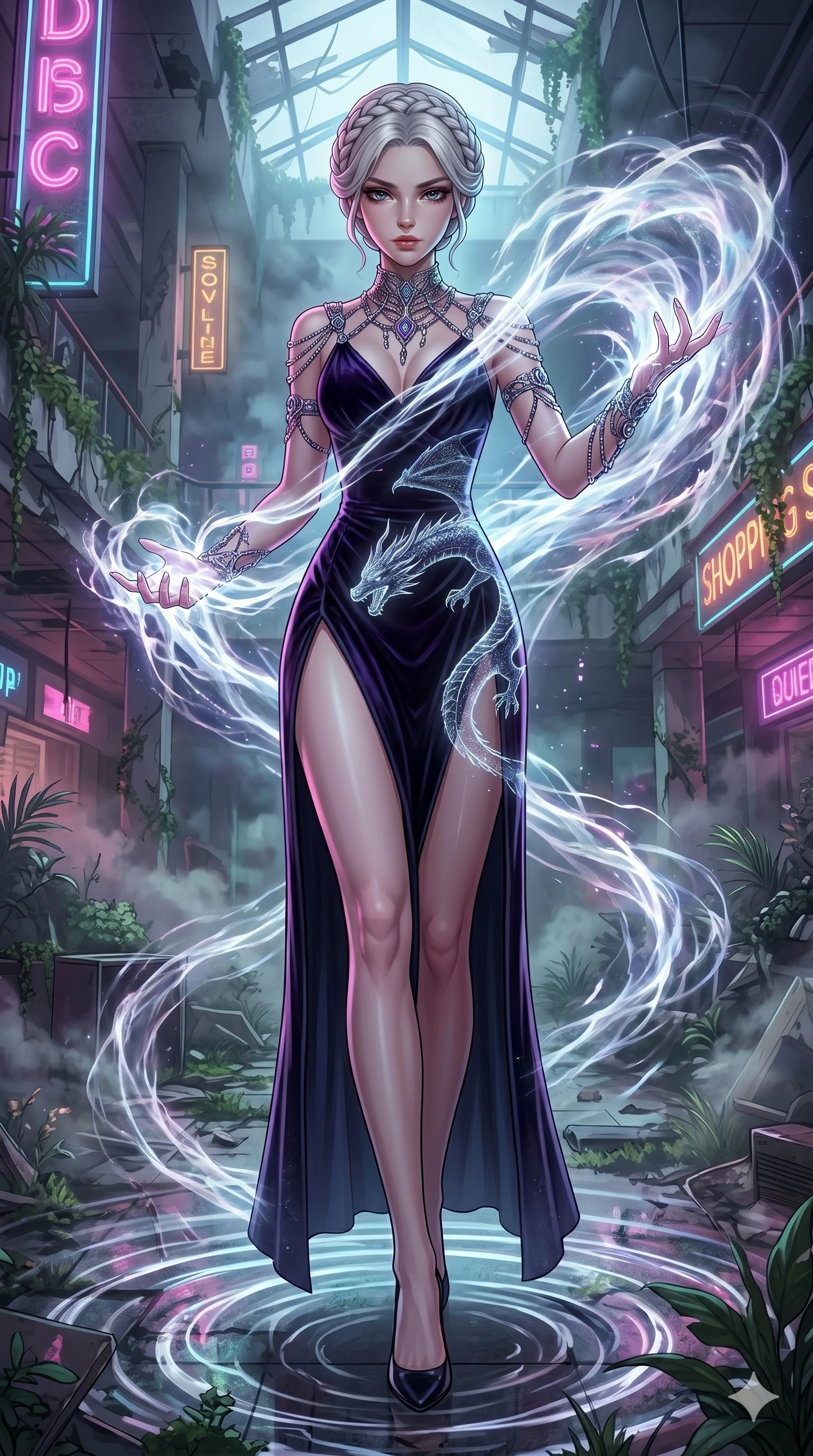 score_9, masterpiece, best quality, ultra-detailed, Set A: High-budget Anime Keyframe, Japanese woman. Low angle cowboy shot filling the entire 9:16 frame with her statuesque presence. Theme: Ethereal Dream. unleashing a massive energy wave in a ruined overgrown shopping mall, as she steps on ripples of time that distort the space 81. The atmosphere is filled with heavy smog with neon flares. She has an absolutely perfect 8-heads proportion, an exceptionally tall and slender female figure with impossibly long slender legs and an ultra-slim waist. Sharp v-shaped jawline, high-bridge nose, intricate jewel-like eyes with depth, glossy lips. Wearing slit velvet gown with integrated holographic projection of a dragon. Cinematic lighting, vivid colors, dramatic shadows, 2k, ultra detail, master piece, 9:16 ratio