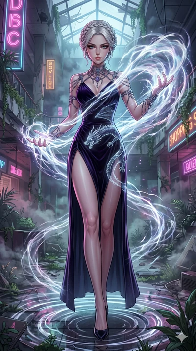 score_9, masterpiece, best quality, ultra-detailed, Set A: High-budget Anime Keyframe, Japanese woman. Low angle cowboy shot filling the entire 9:16 frame with her statuesque presence. Theme: Ethereal Dream. unleashing a massive energy wave in a ruin