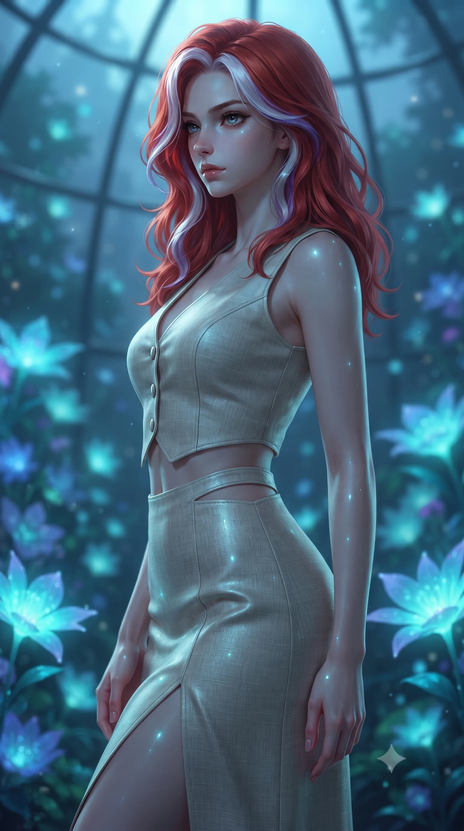 score_9, masterpiece, best quality, ultra-detailed, high-budget anime keyframe, editorial fashion photography, tasteful artistic composition, Caucasian woman. close-up cowboy shot from the waist and thighs up, the character dominates the composition, filling the frame with her large presence, background elements kept in soft focus. turning her face in sharp profile, casting a cold, mysterious, yet intensely alluring side gaze, the background shows a soft-focus a celestial greenhouse dome filled with glowing bioluminescent blue flora at dusk. She has an exceptionally elegant, slender, and willowy female figure with an ultra-slim waist, a gracefully sculpted slender torso, and a refined silhouette. sharp v-shaped jawline, high-bridge nose, intricate jewel-like eyes with depth, thick eyelashes, glossy lips with a natural sheen. wearing a form-contouring tailored vacation outfit of a linen crop vest and a matching side-slit midi skirt, revealing a subtle waist cutout. bioluminescent teal glow radiating softly from the petals onto her skin. ultra-reflective glossy finish, specular highlights, metallic sheen, high-contrast stereoscopic depth, volumetric dynamic lighting, 2k, ultra detail, master piece, 9:16 ratio