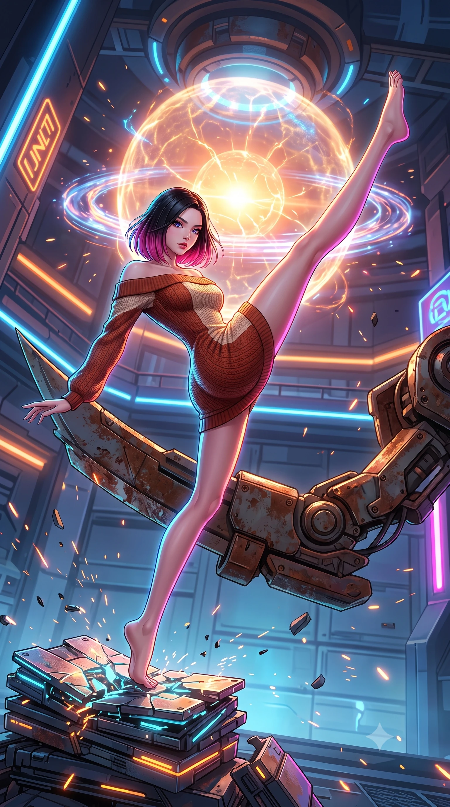 score_9, masterpiece, best quality, ultra-detailed, high-budget anime keyframe, editorial fashion photography, tasteful artistic composition, Korean woman. low angle full-body shot from head to toe showing her feet, filling the entire 9:16 vertical frame with her statuesque presence, stretching her vertical silhouette. acrobatically dodging a heavy mech's swipe by vaulting off a pile of cybernetic debris through a research facility overlooking a giant sphere of contained fusion energy, magnetic rings spinning around the core. She has a statuesque 8.5-heads proportion, an exceptionally tall, slender and willowy model-like build with impossibly long legs and a highly sculpted ultra-slim waist. sharp v-shaped jawline, high-bridge nose, intricate jewel-like eyes with depth, thick eyelashes, glossy lips with a natural sheen. wearing catching and diffusing the glowing particles, shimmering softly in response to the surrounding light, a slim-fit off-shoulder fitted sweater dress in a two-tone weave of terracotta and cream wool, conforming to her slender willowy silhouette. highly saturated vibrant anime colors, intense vivid color palette, soft 3D volumetric shading, volumetric dynamic lighting, brilliant cinematic volumetric lighting with intense neon rim light outlining her form. 2k, ultra detail, master piece, 9:16 ratio