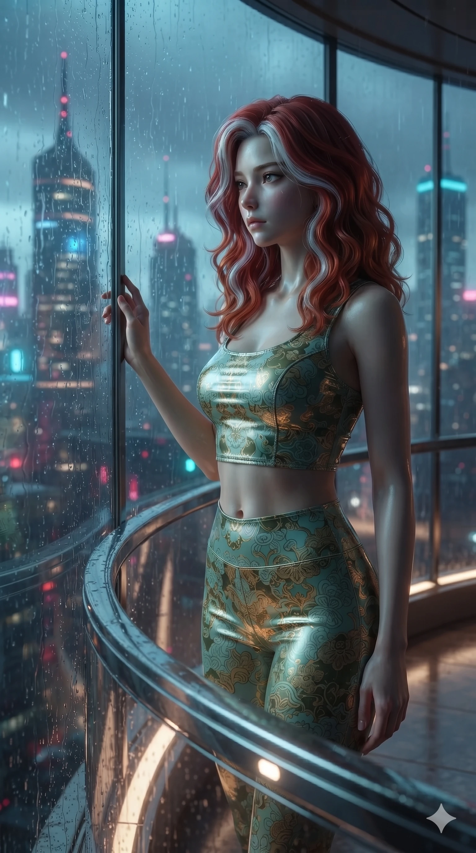 score_9, masterpiece, best quality, ultra-detailed, high-budget anime keyframe, editorial fashion photography, tasteful artistic composition, Caucasian woman. close-up cowboy shot from the waist and thighs up, the character dominates the composition, filling the frame with her large presence. posing in an alluring rear three-quarter angle, looking over a bare shoulder with parted glossy lips, her hips cocked back to highlight her slim hourglass curve while leaning against the hydro-terrace balustrade with hips cocked back, gazing through the rain-streaked panoramic glass at neon skyscraper crowns with heavy-lidded bedroom-eyes. The surrounding environment is rendered in vivid detail and crisp panoramic clarity: sharp water droplet trails on glass, glossy dark monstera leaf textures, and polished black granite floor grain in deep focus. She has an exceptionally elegant, slender, and willowy female figure with an ultra-slim waist, flat toned midriff, narrow ribcage, and sculpted feminine hips creating an alluring, slim hourglass silhouette without bulk. sharp v-shaped jawline, high-bridge nose, intricate jewel-like sparkling eyes with depth, thick eyelashes, glossy parted lips with a natural peach sheen, bright cheerful beaming smile with an enchanting and coquettish sensual glint, exuding both youthful cute charm and seductive allure, flawlessly proportioned anatomical accuracy, strict slender model proportions, natural body alignment, perfectly sculpted long slender limbs, ultra-slim waistline, clean dynamic posture without body distortion. wearing a glossy vinyl crop top and high-waist tailored leggings with sleek chrome zippers and exposed midriff in celadon jade and antique gold-leaf, made of fluid liquid jersey with seamless sculpting hold and smooth contours, finished with scalloped eyelash lace trim framing her sweetheart neckline with intimate elegance, the second-skin tailored fabric adhering flawlessly to her sculpted flat midriff and slender torso, emphasizing her long leg lines and perfectly proportioned willowy build. illuminated by wet floor reflection bounce and sharp rain-cyan rim lights sculpting her razor-sharp jawline, narrow waist, and curvy hips. ultra-reflective glossy finish, specular highlights, rich textural contrasts, high-contrast stereoscopic depth, volumetric dynamic lighting, 2k, ultra detail, master piece, 9:16 ratio