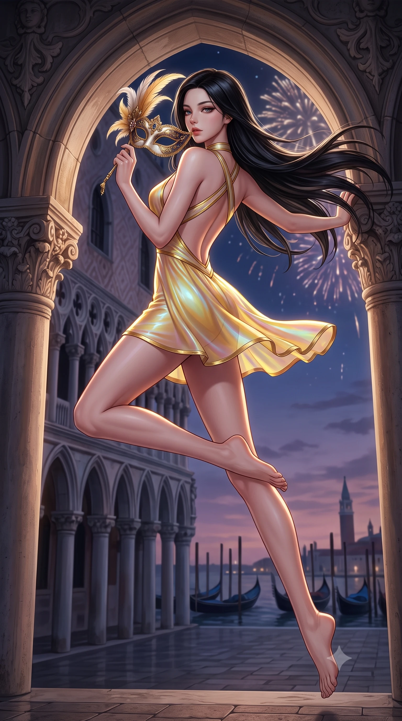 score_9, masterpiece, best quality, ultra-detailed, high-budget anime keyframe, semi-realistic 3D game render, editorial fashion photography, tasteful artistic composition, Korean woman. low angle full-body shot from head to toe showing her feet, filling the entire 9:16 vertical frame with her statuesque presence, stretching her vertical silhouette. leaping through mid-air with an athletic yet alluring arch of her spine, her impossibly long slender legs stretched in flawless poise while leaning against a carved stone palazzo arch with an alluring, bedroom-eyed glance over an ornate carnival fan. The surrounding environment is rendered in vivid detail and crisp panoramic clarity. rich Venetian chiaroscuro and romantic European historic luxury rendered in panoramic precision. She has an absolutely perfect, statuesque 8.5-heads proportion, an exceptionally tall and slender model-like female figure with impossibly long slender legs, a toned flat midriff, and an ultra-slim waist. sharp v-shaped jawline, high-bridge nose, intricate jewel-like eyes with depth, thick eyelashes, glossy lips with a natural sheen, flawlessly proportioned anatomical accuracy, strict slender model proportions, natural body alignment, perfectly sculpted long slender limbs, ultra-slim waistline, clean dynamic posture without body distortion. wearing a second-skin fashion-latex mini dress with a clean architectural front, featuring an open-back design that wraps around the sides of her waist, showcasing her slender silhouette in vibrant sunburst canary yellow and gold trim, made of smooth iridescent silk chiffon that shifts colors with movement, complemented by criss-cross back straps highlighting her completely bare spine, the form-contouring material adhering flawlessly to her sculpted flat midriff and slender torso, emphasizing her long leg lines and perfectly proportioned willowy build. illuminated by dramatic firework rim lights sharply defining her ultra-slim waist and long legs. highly saturated vibrant anime colors, detailed shading with soft gradients, rich glossy textures, high-contrast stereoscopic depth, volumetric dynamic lighting, master piece, 9:16 ratio