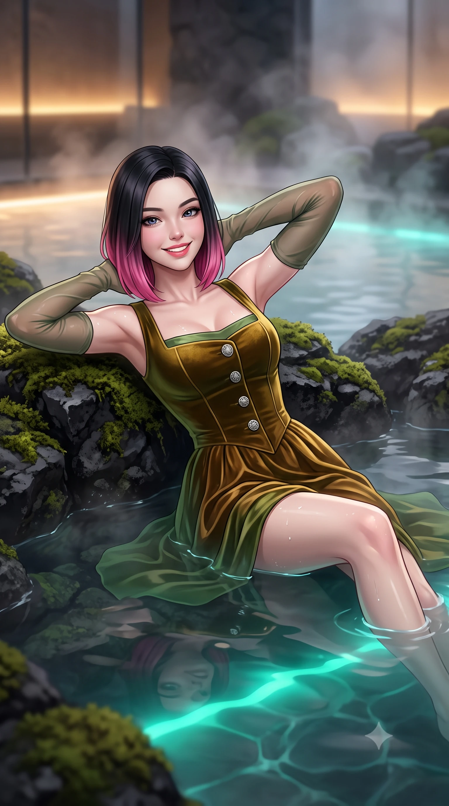score_9, masterpiece, best quality, ultra-detailed, high-budget anime keyframe, editorial fashion photography, tasteful artistic composition, Korean woman. close-up cowboy shot from the waist and thighs up, the character dominates the composition, filling the frame with her large presence. resting both hands lightly behind her neck with elbows raised, arching her spine to highlight her narrow waist, flat midriff, and breathtaking collarbones while lounging in the warm geothermal water propped on the mossy lava rim with legs extended, her statuesque 8.5-heads silhouette commanding the sanctuary. The background shows a soft-focus rising mineral silica steam softened in ultra-luxury Nordic wellness sanctuary shallow focus. She has an exceptionally elegant, slender, and willowy female figure with an ultra-slim waist, flat toned midriff, narrow ribcage, and sculpted feminine hips creating an alluring, slim hourglass silhouette without bulk. sharp v-shaped jawline, high-bridge nose, intricate jewel-like sparkling eyes with depth, thick eyelashes, glossy parted lips with a natural peach sheen, bright cheerful beaming smile with an enchanting and coquettish sensual glint, exuding both youthful cute charm and seductive allure, flawlessly proportioned anatomical accuracy, strict slender model proportions, natural body alignment, perfectly sculpted long slender limbs, ultra-slim waistline, clean dynamic posture without body distortion. wearing a regal Bavarian Alpine velvet dirndl-inspired tailored evening gown with delicate silver heraldic buttons in Japanese hinoki cedar honey and Kyoto matcha jade, tailored from ultra-plush silk velvet with rich tactile depth and deep shadow gradients, complemented by sheer opera-length evening gloves tracing her slender arms, the impeccably tailored cut draping gracefully along her slender figure with aristocratic poise. bathed in underwater pool turquoise-cyan LEDs combined with soft warm 2700K interior cove lighting through glass. ultra-reflective glossy finish, specular highlights, rich textural contrasts, high-contrast stereoscopic depth, volumetric dynamic lighting, 2k, ultra detail, master piece, 9:16 ratio